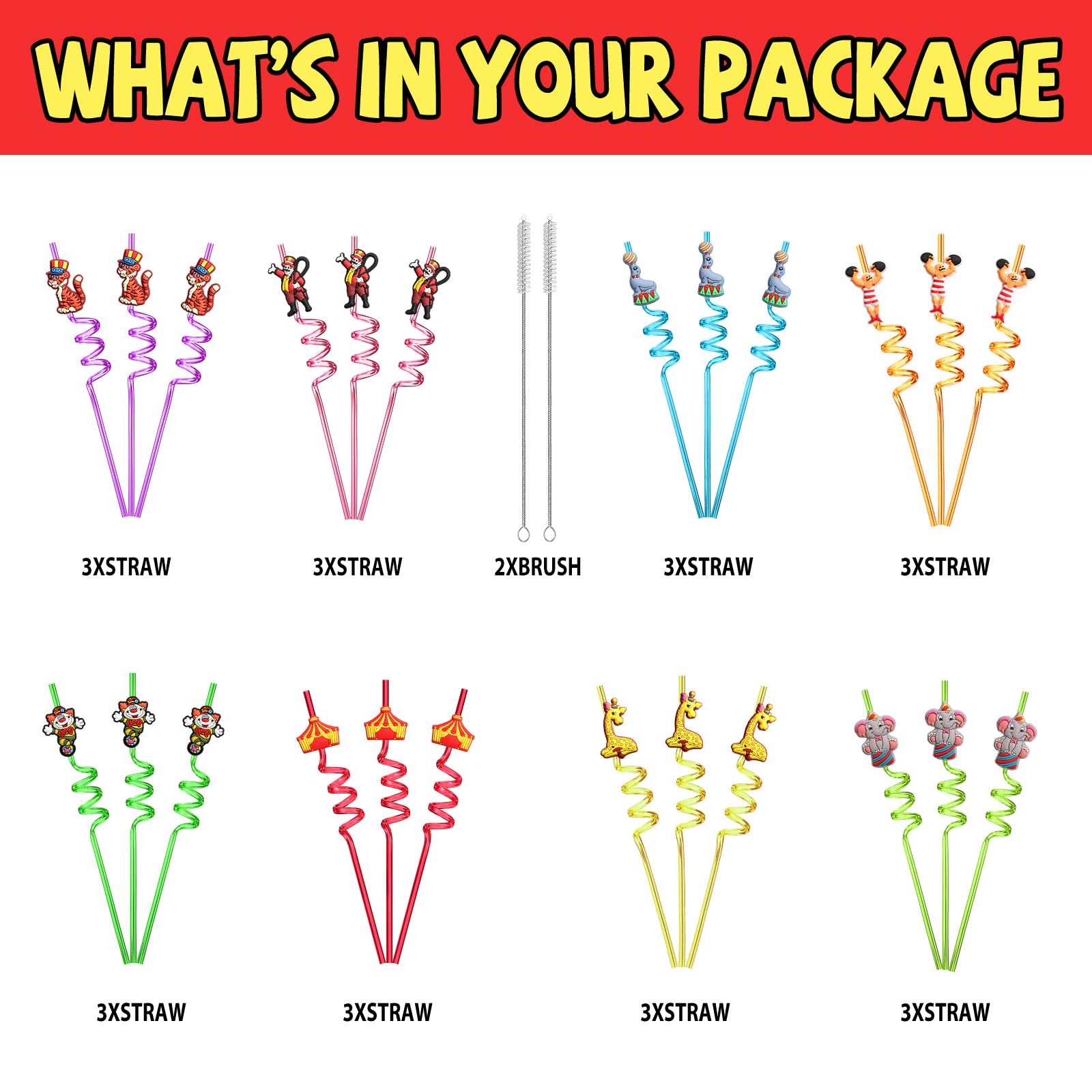 24 Circus Party Favors Drinking Straws For Circus Carnival Party Supplies With 2 Pcs Straws Cleaning Brush
