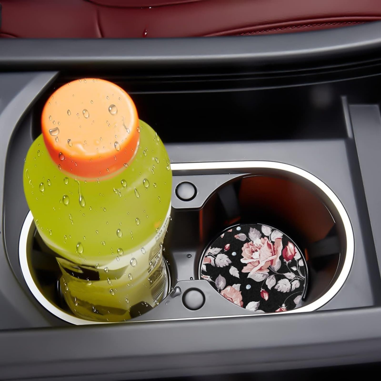 Afpanqz Vintage Flowers Car Coasters, 2 Pack, Black Pink, 2.75'' Round, Nylon With Rubber Bottom