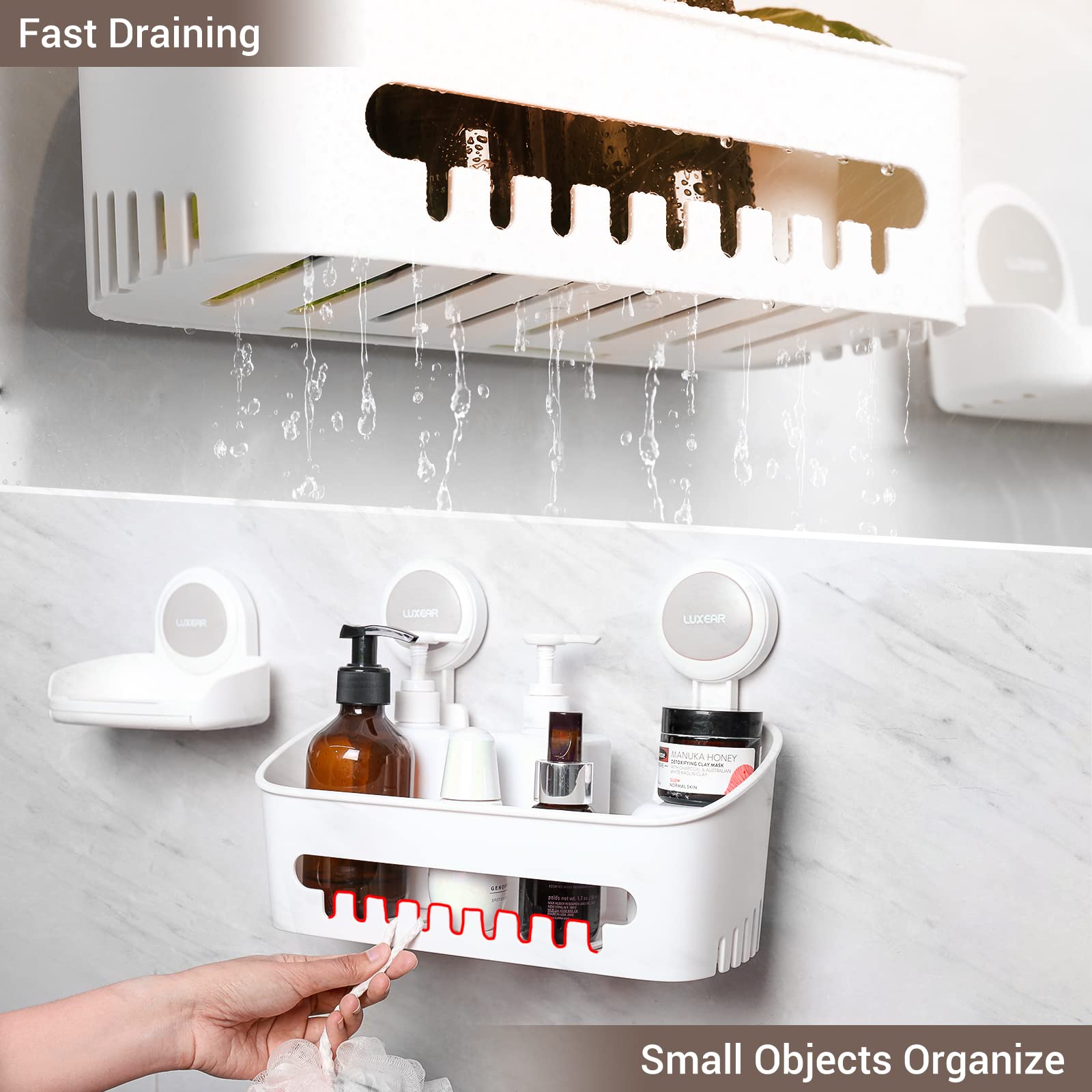Luxear 4 Packs Shower Caddy Suction Cup Set - Shower Shelf+Soap Dish+Suction Hooks - 1 Second Installation No-Drilling Removable