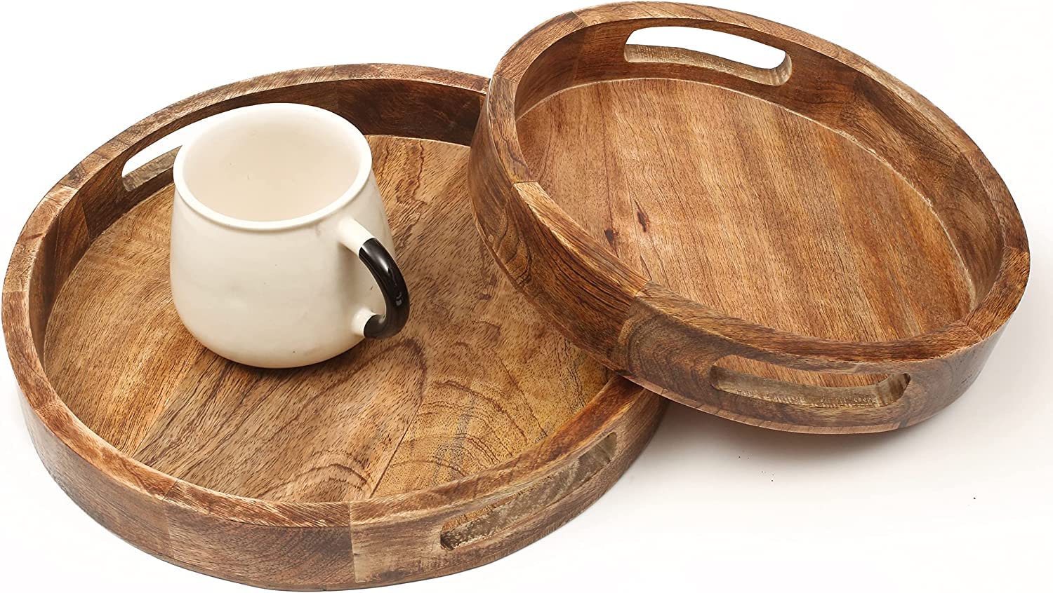 White Lift Decorative Coffee Table Tray,Wooden Round Serving For Living Room, Round Tray For Side Table, Cheese Platter,Set Of 2
