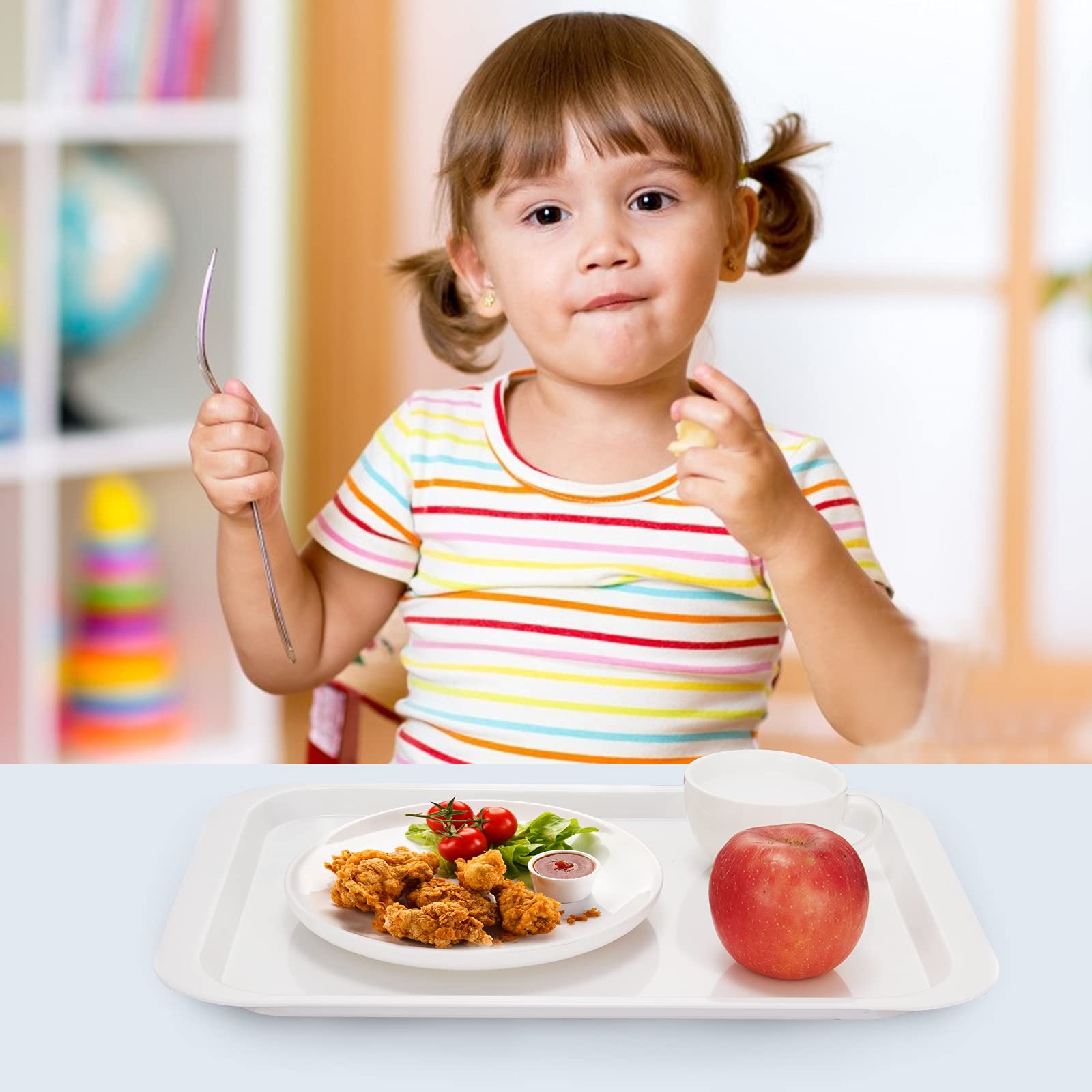 Hsdt Melamine Serving Trays White 15X10.6 Inch Rectangle Cafeteria Fast Food Trays Breakfast Lunch Dinner Trays For Eating Set O