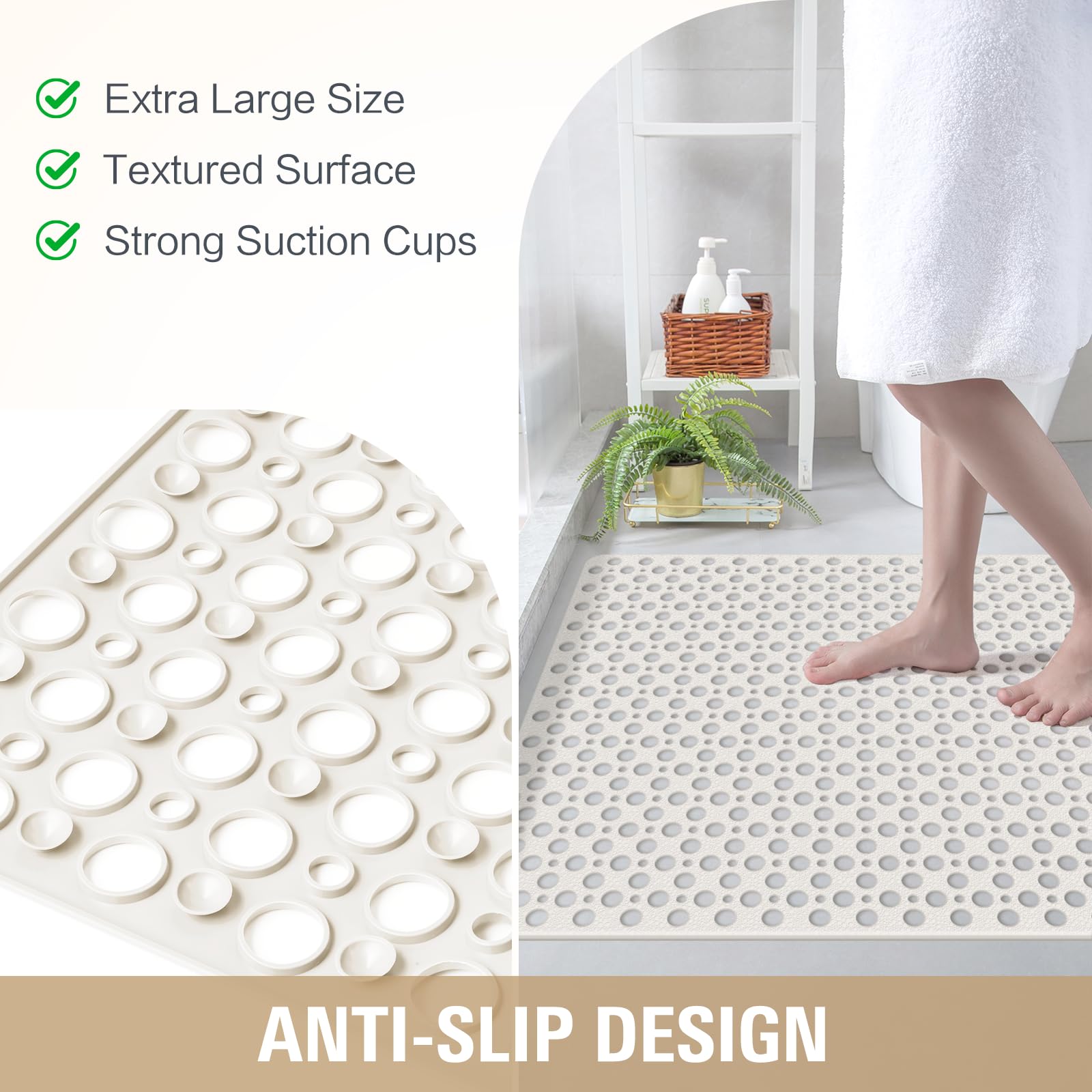 Othway Large Shower Mat, 47''X 32'' Tpe Anti Slip Shower Mat, Heavy Bath Mats For Shower With Drain Holes Suction Cups, Shower S