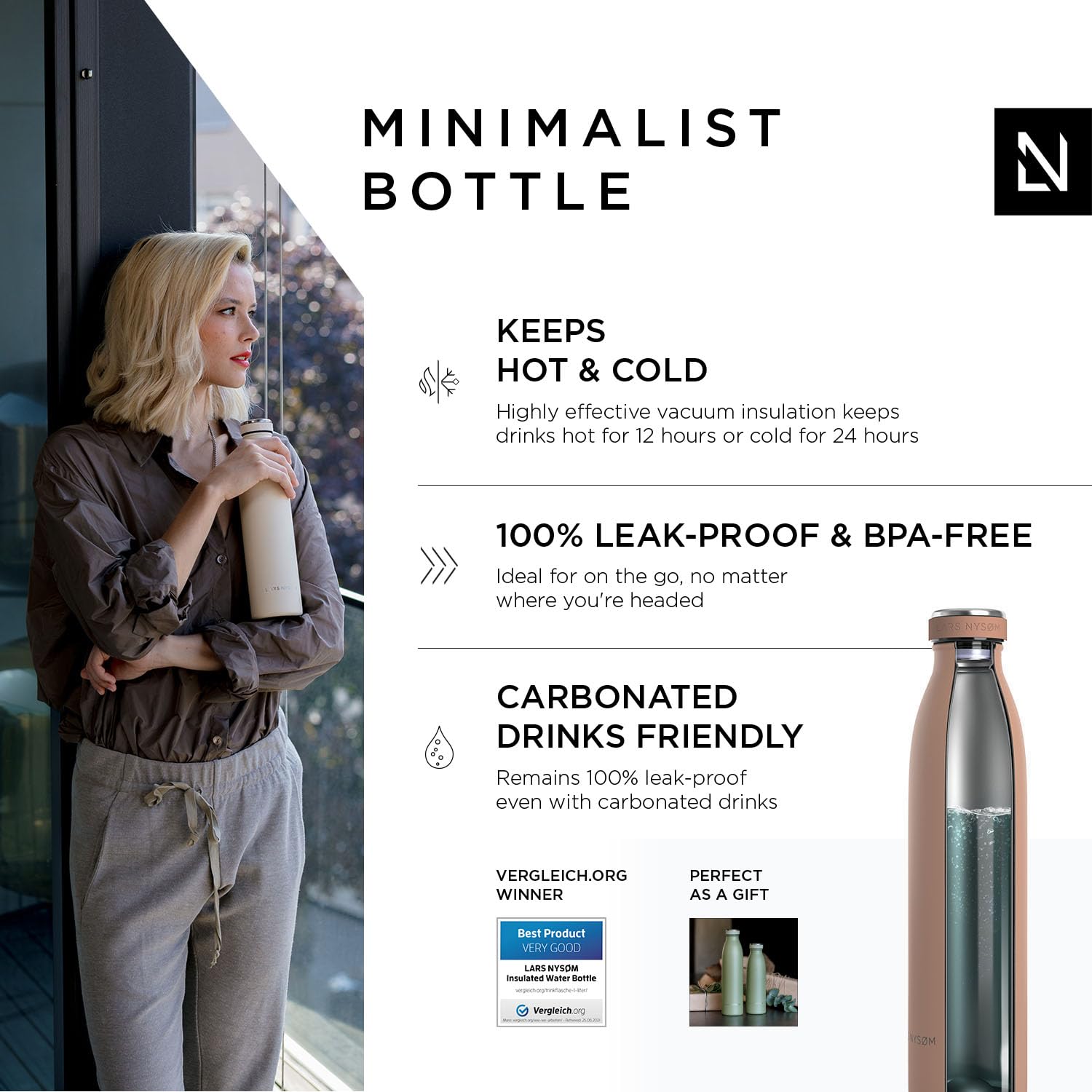 Lars Nysm Stainless Steel Insulated Water Bottle 12Oz 17Oz 25Oz 34Oz 51Oz | Bpa-Free Insulated Thermo Flask For Hot And Cold Bev