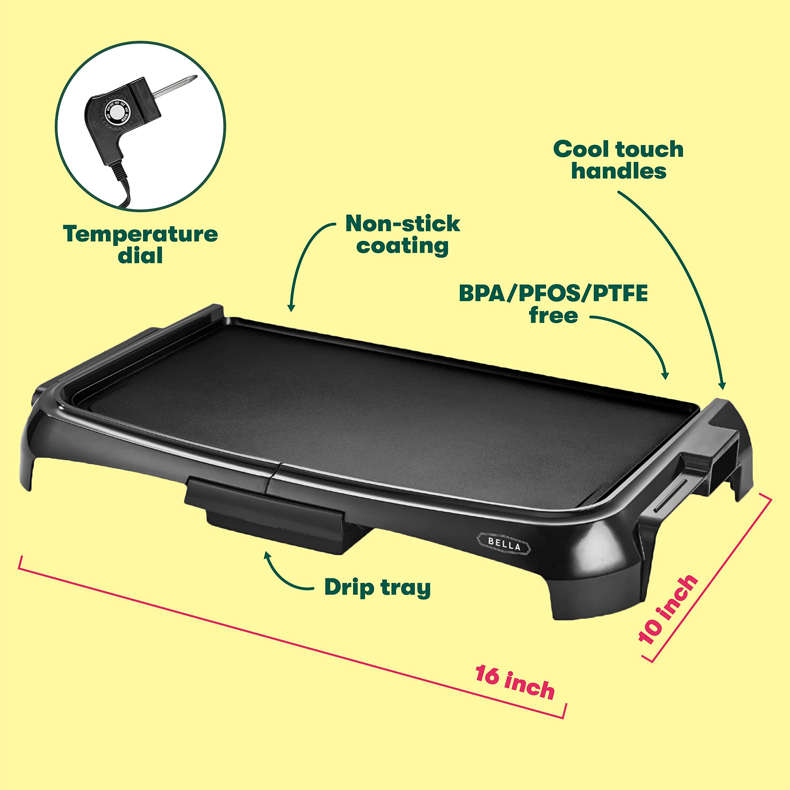 Bella Electric Griddle With Crumb Tray - Smokeless Indoor Grill, Nonstick Surface, Adjustable Temperature Control Dial & Cool-To