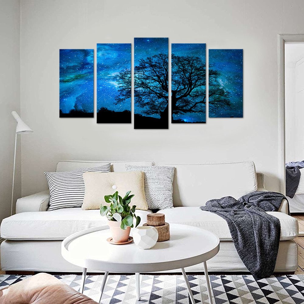 Xlarge Starry Night Canvas Wall Art Black Tree Galaxy Landscape Prints Wall Decal Artwork,Starry Painting Prints For Living Room