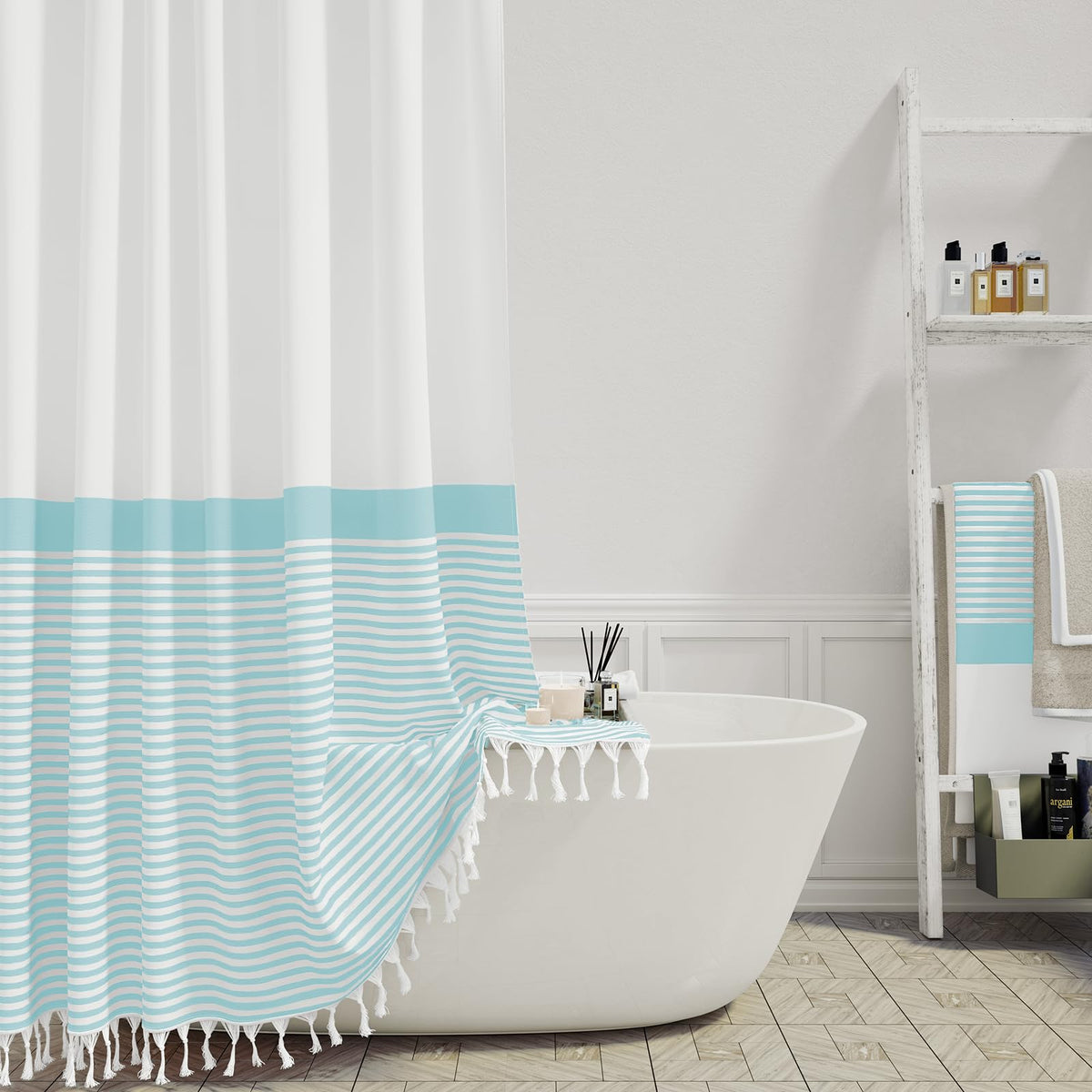 Dynamene Light Blue Fabric Shower Curtain, Farmhouse Boho Striped Tassel Shower Curtain For Bathroom, Bohemian Textured Cloth Sh