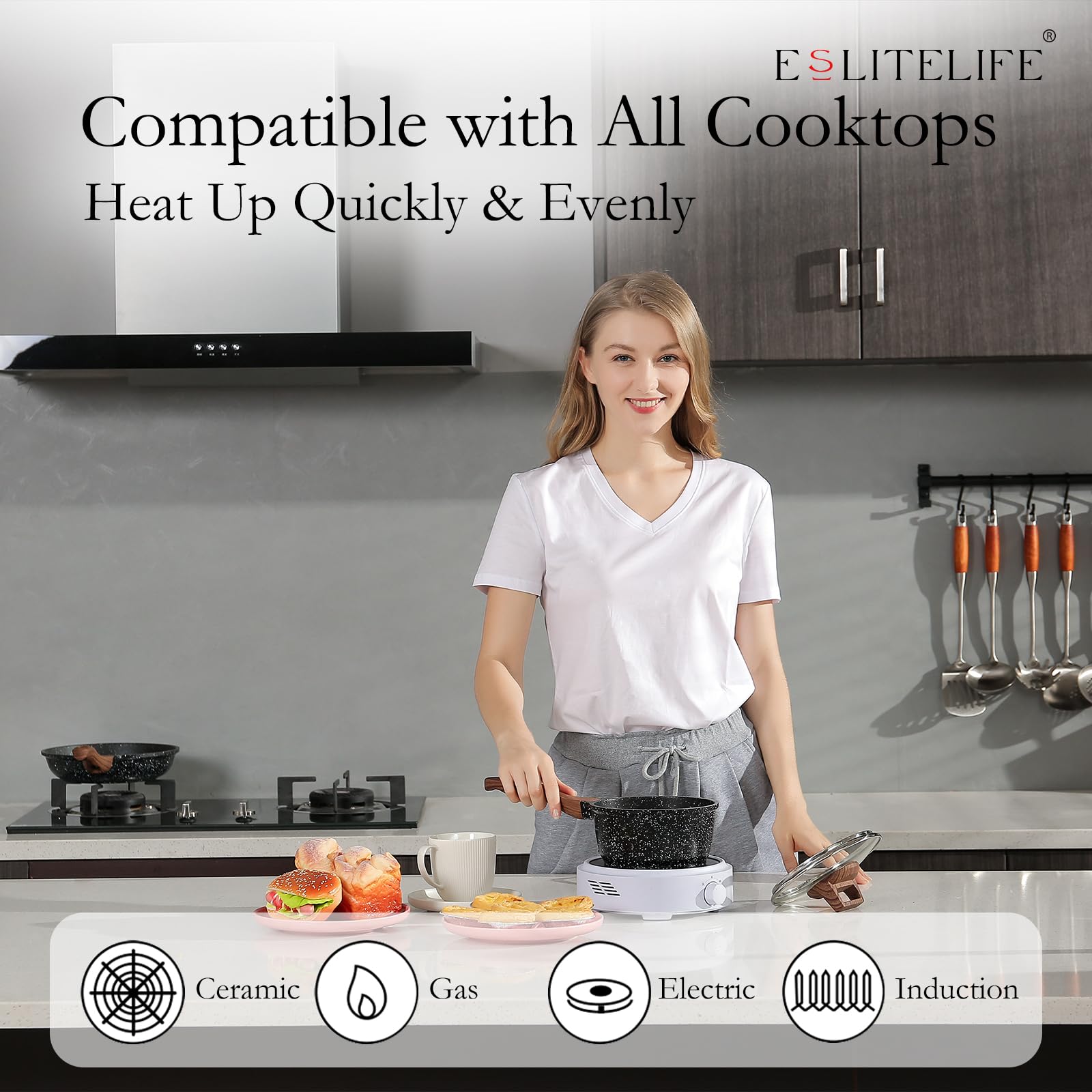 Eslite Life Nonstick Sauce Pan With Lid, 1.5Qt Small Soup Pot Compatible With All Stovetops (Gas, Electric & Induction), Pfoa Fr
