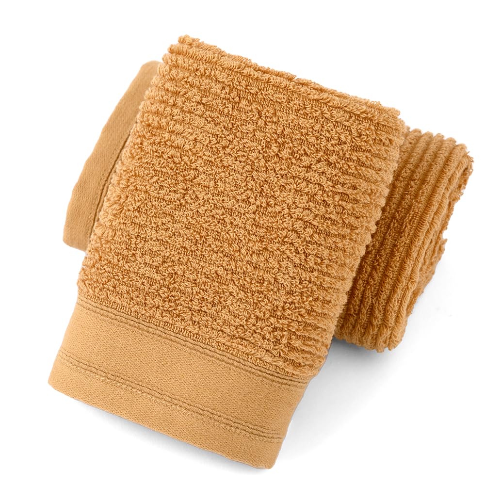 Yiluomo Super Soft Mustard Orange Hand Towel Set Of 2 Ribbed Striped Pattern 100% Cotton Absorbent Decorative Towel For Bathroom