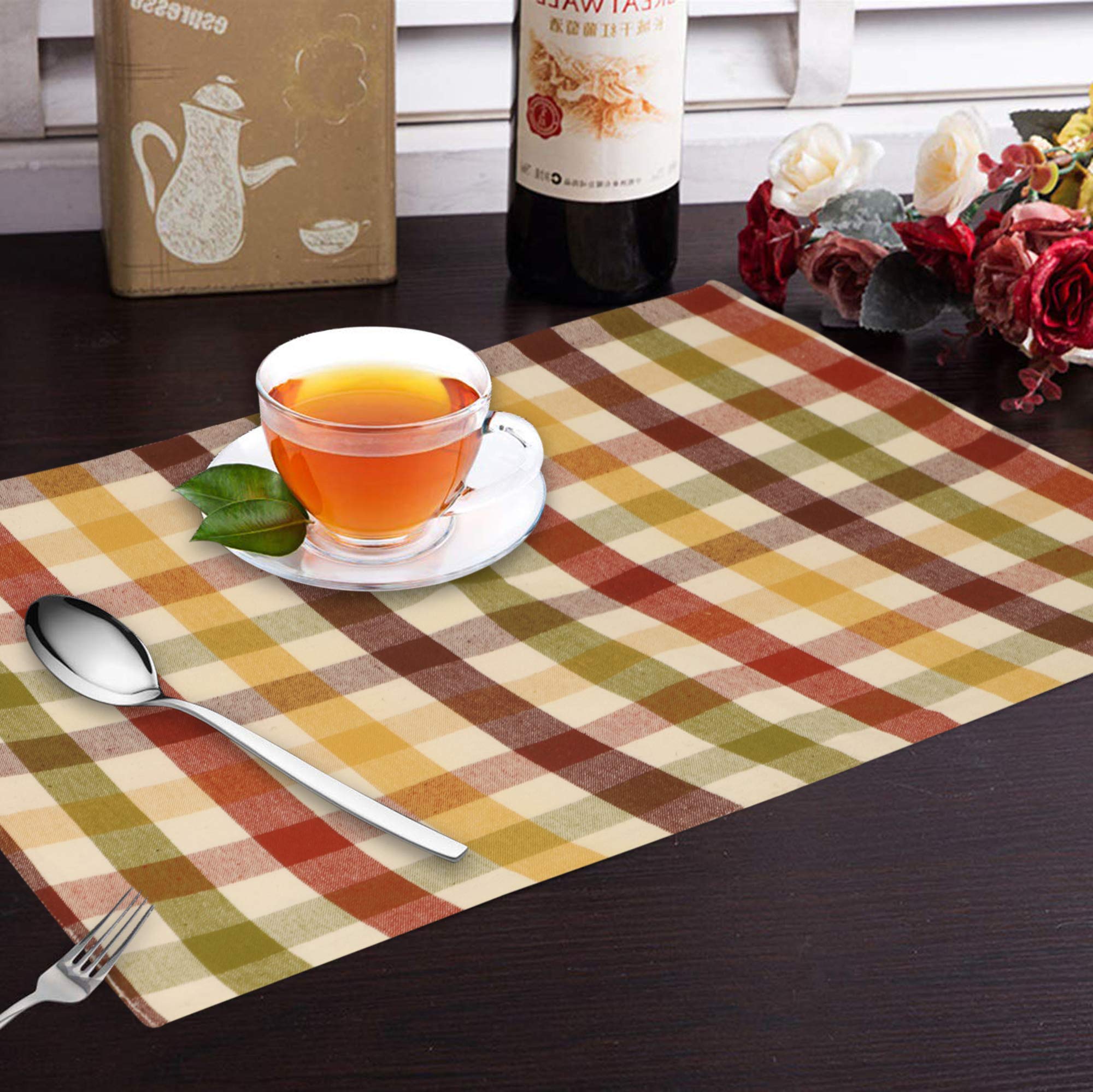Urban Villa Cotton Place Mats Set of 6, 14"x20", Harvest Checks, Buffalo Check Plaid, Heavy Quality, Everyday Use