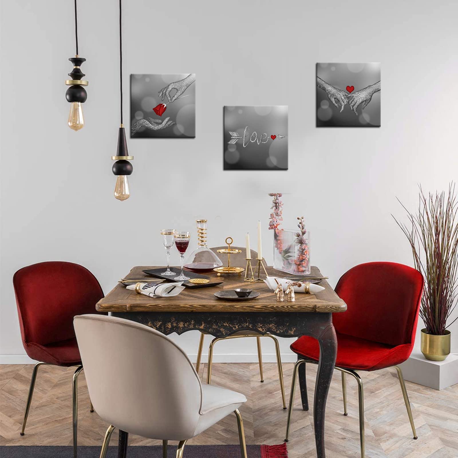 Biuteawal Love and Hand in Hand Wall Art Red Rose Floral Heart Painting Canvas Print Romantic Picture Poster Home Bedroom Bathroom Decor Valentine's Day Gift Black and White Artwork