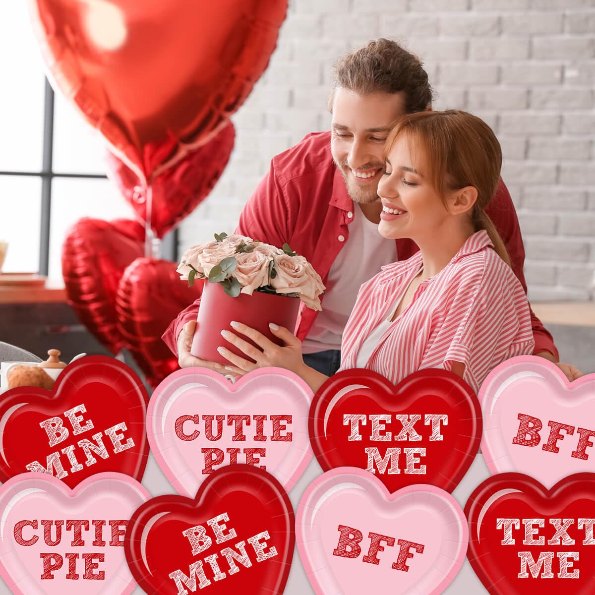 Aysimple 60Pcs Happy Valentines Day Paper Plates Conversation Heart Red Pink Disposable 9 Inch Heart Shaped Dessert Plates Table