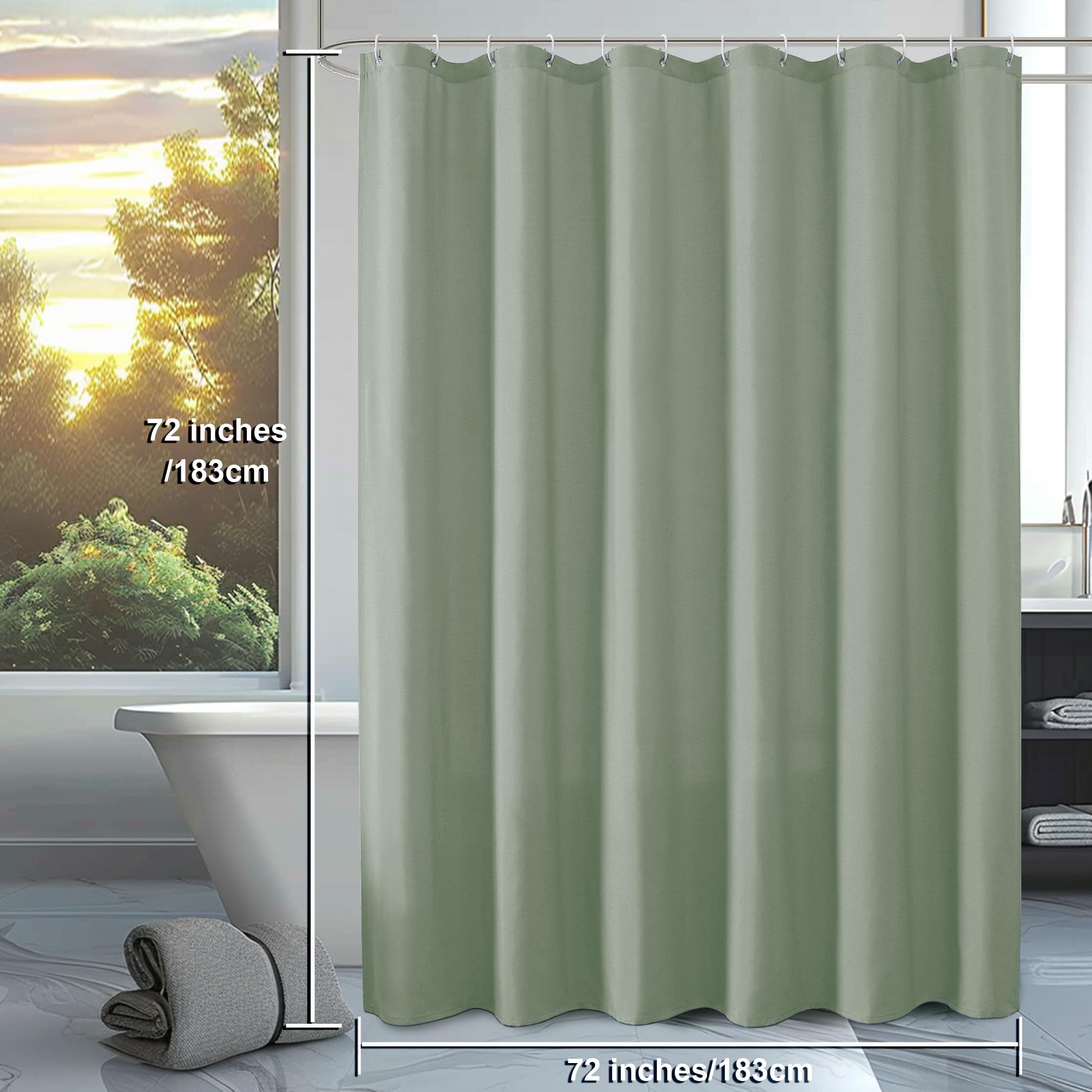 Ovzme Zora Sage Green Shower Curtain For Bathroom, Fabric Shower Curtain Bath Decoration - Soft Cloth & Hotel Spa Quality, Water