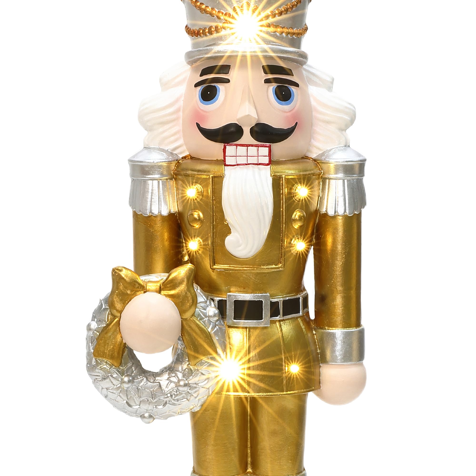 LuxenHome 4FT Tall Nutcracker Christmas Decoration, Elegant Lighted Holiday Nutcracker Soldier Statue with Wreath, Christmas Dec