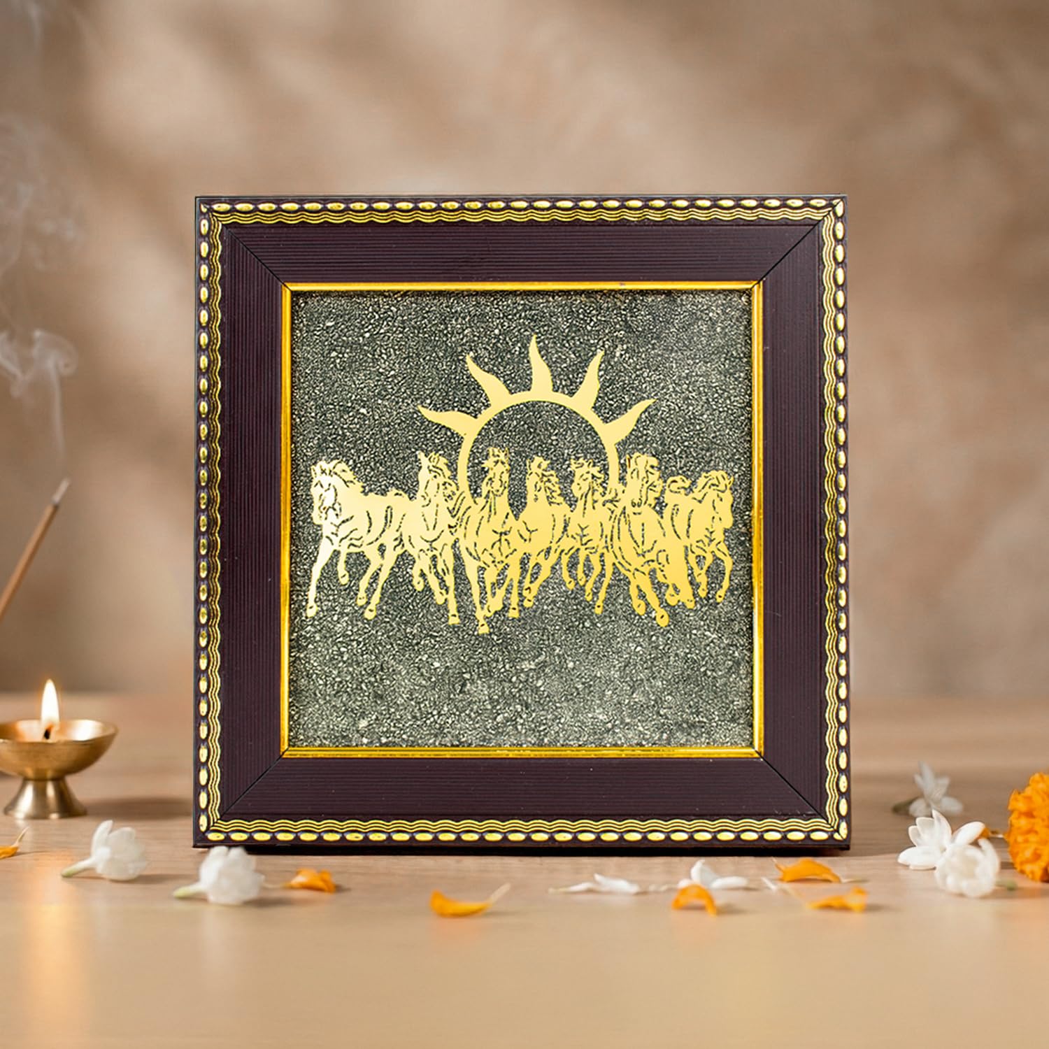 Astrotalk 7 Horses on Raw Pyrite Frame | Seven Horses Wall Decor Pyrite Stone Frame for Success & Fame | Vastu Items for Money Attraction | Wall Decor | Ideal Gift | 19x19x1 cm | 1 Piece