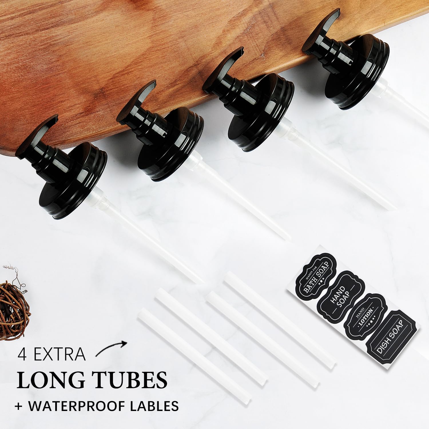 Amolliar Plastic Mason Jar Soap Dispenser Lids(4) - Universal Pump Replacement For Regular Mouth Jar - Long Tubes & Cute Lables