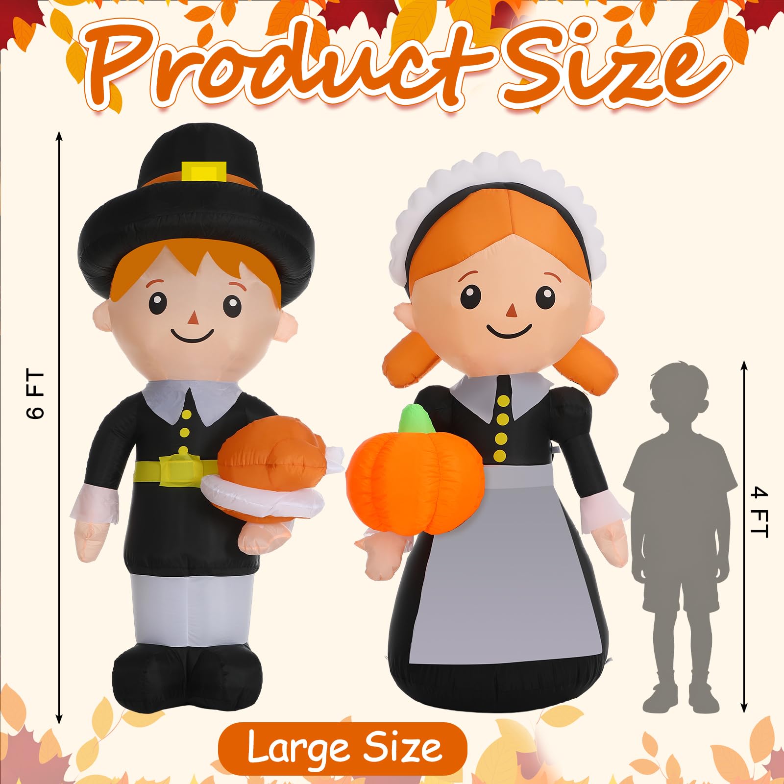 Leyndo 6.3 ft Thanksgiving Pilgrim Inflatable Decoration, 2 Pcs Fall Pilgrim Blow up Outdoor Decoration with LED Lights Harvest