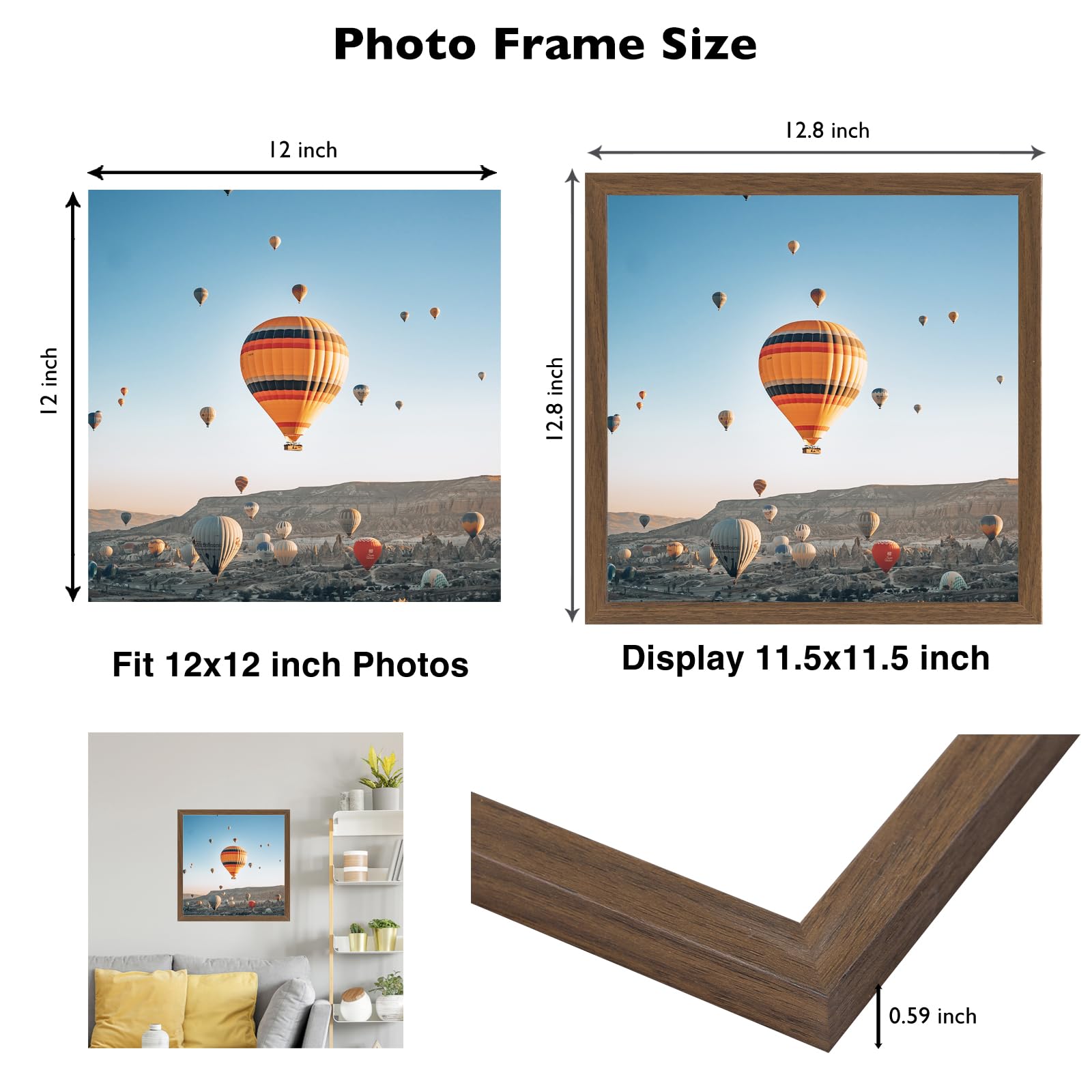 JCJMY 12x12 inch Picture Frame, Horizontal and Vertical Formats for Wall Hanging, 12 x 12 Square Wall Gallery Poster Photo Frame