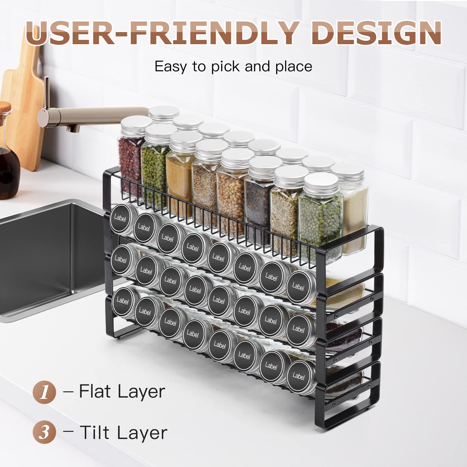 JONYJ 4 Tier Stackable Seasoning Rack Organizer, Detachable Countertop Spice Jar Rack for Cabinet, Freestanding , Black Frosted