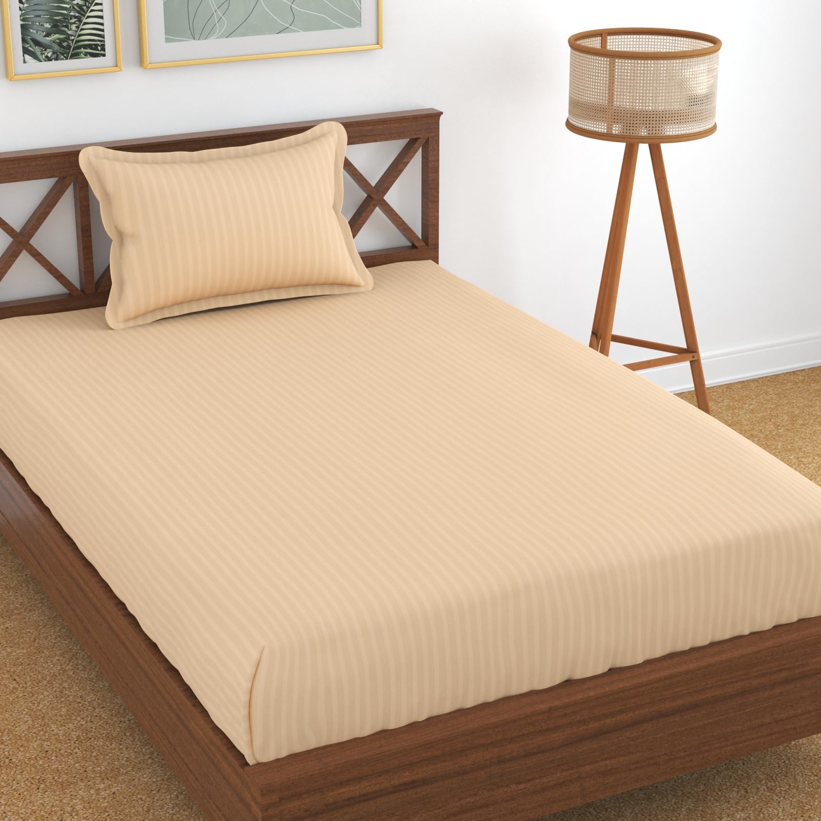 Homefab India 160 Tc Stripe Glace Cotton Single Bedsheet With 1 Pillow Cover - Peach