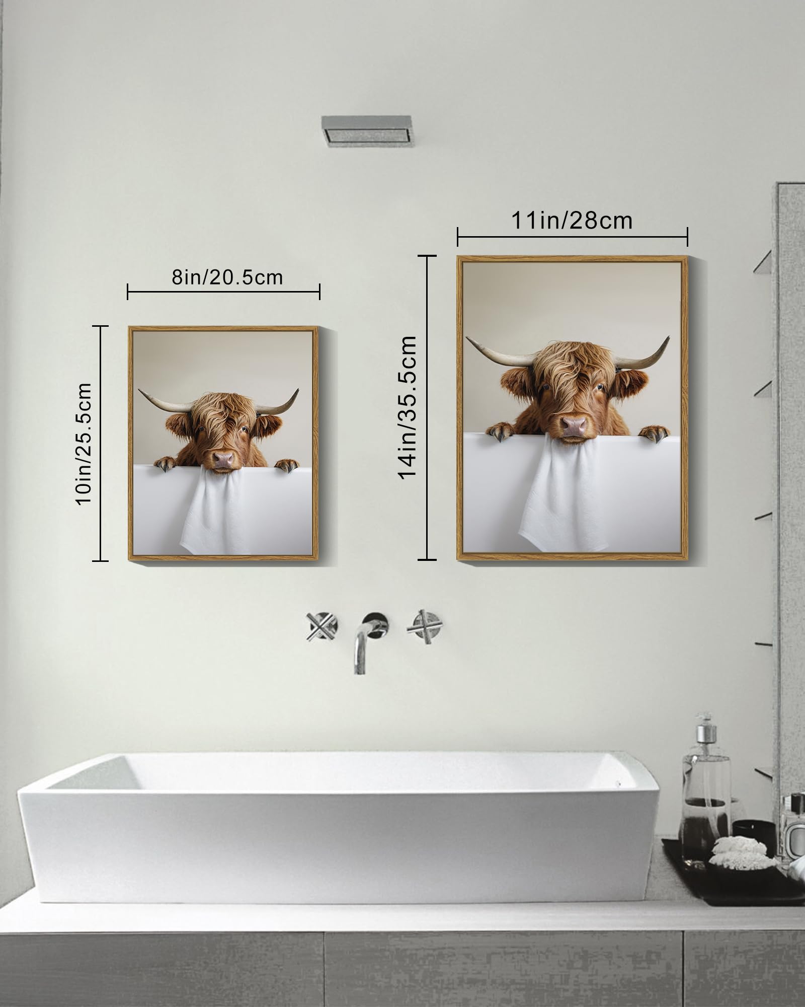 Funny Highland Cow Bathroom Wall Art Framed Rustic Cute Bathroom Canvas Prints For Bathroom Restroom Decor 8X10In (Framed)