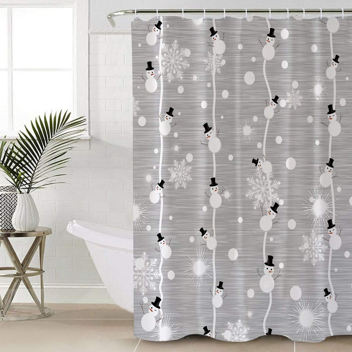 Merry Christmas Shower Curtain, Snowman And Snowflake On Grey Background Digital Print, Fabric Bathroom Decor With Hooks, 36 X 7