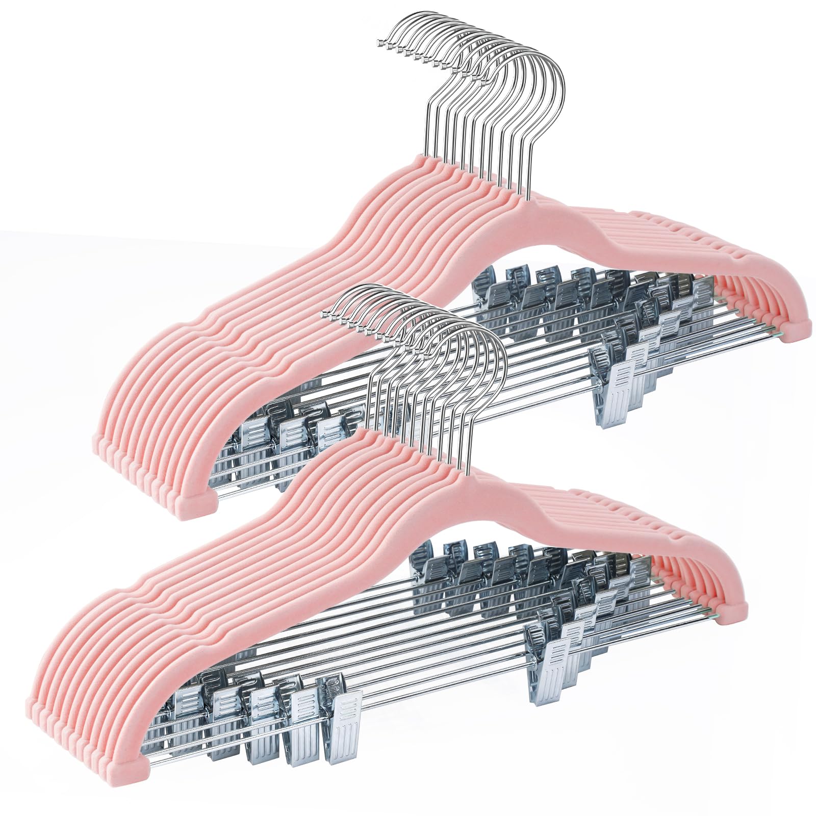 Ulimart 24-Pack Blush Pink Velvet Hangers,Pants Hangers With Clips Adjustable,Felt Hangers,Heavy-Duty,Non-Slip,Space Saving,Slim