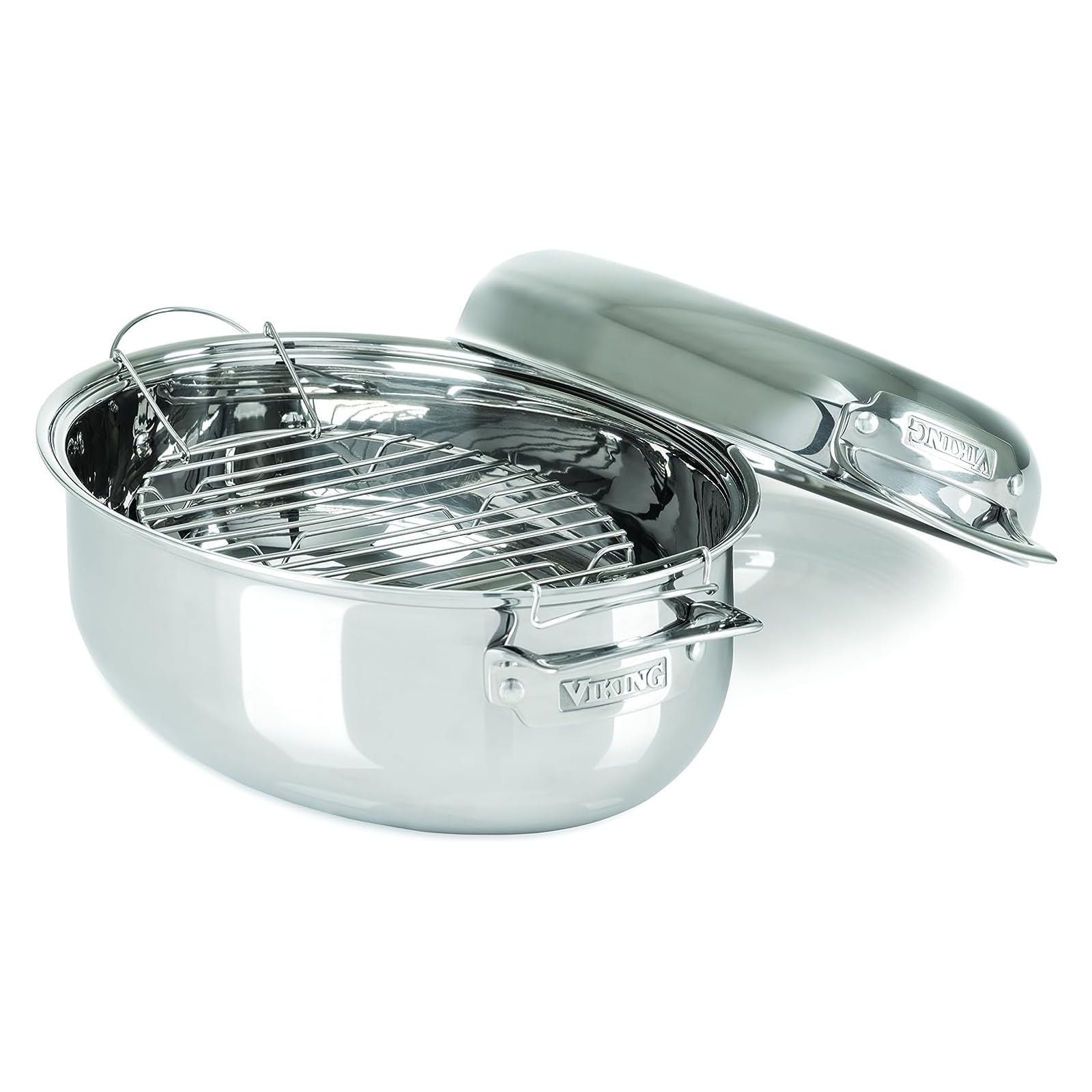 Viking Culinary 3-Ply Stainless Steel Oval Roasting Pan, 8.5 Quart, Includes Metal Induction Lid & Rack, Dishwasher, Oven Safe, 