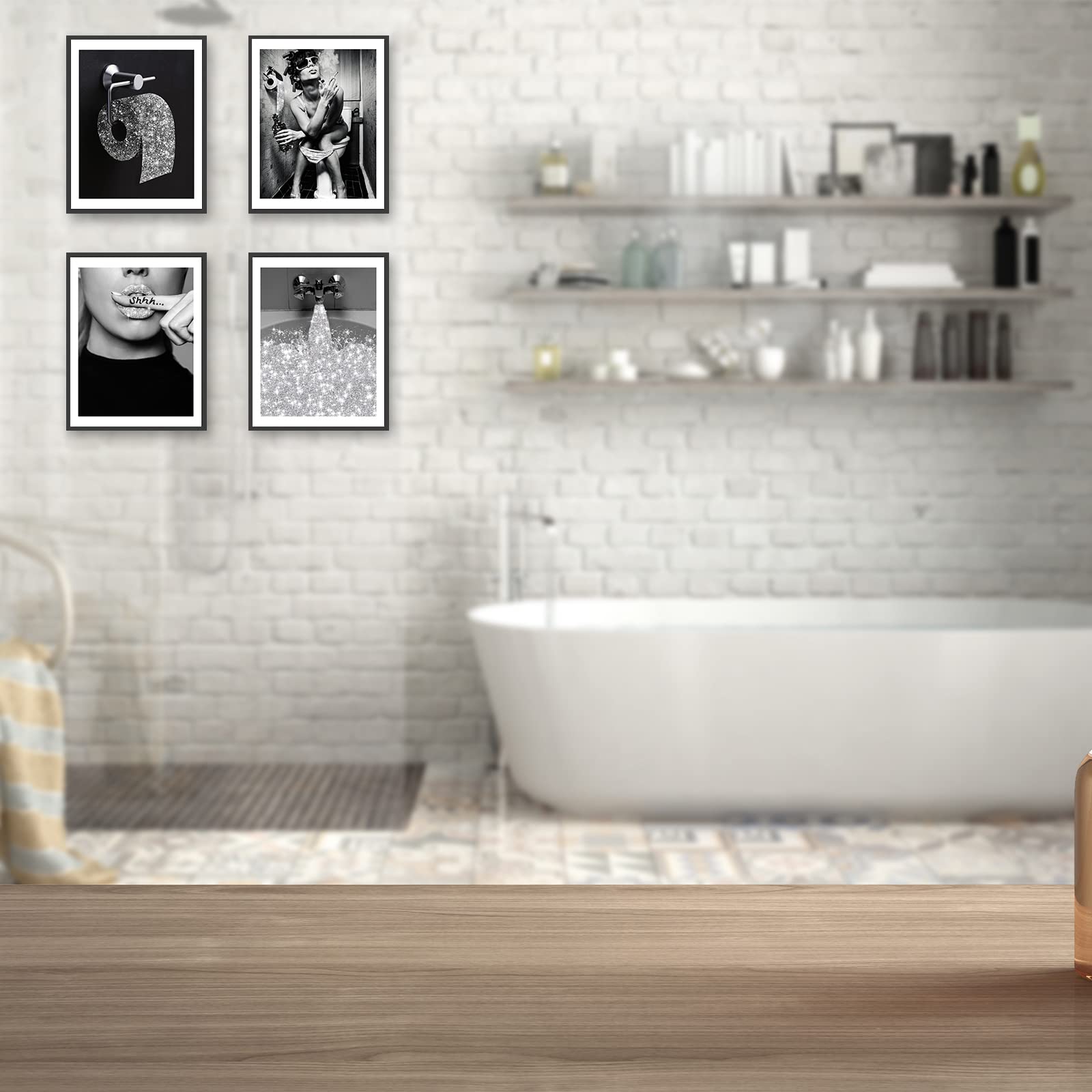 Bathroom Decor Wall Art Prints Glam Glitter Tissue Sliver Grey Funny Bathroom Toilet Paper Artwork For Wall Black And White Mode