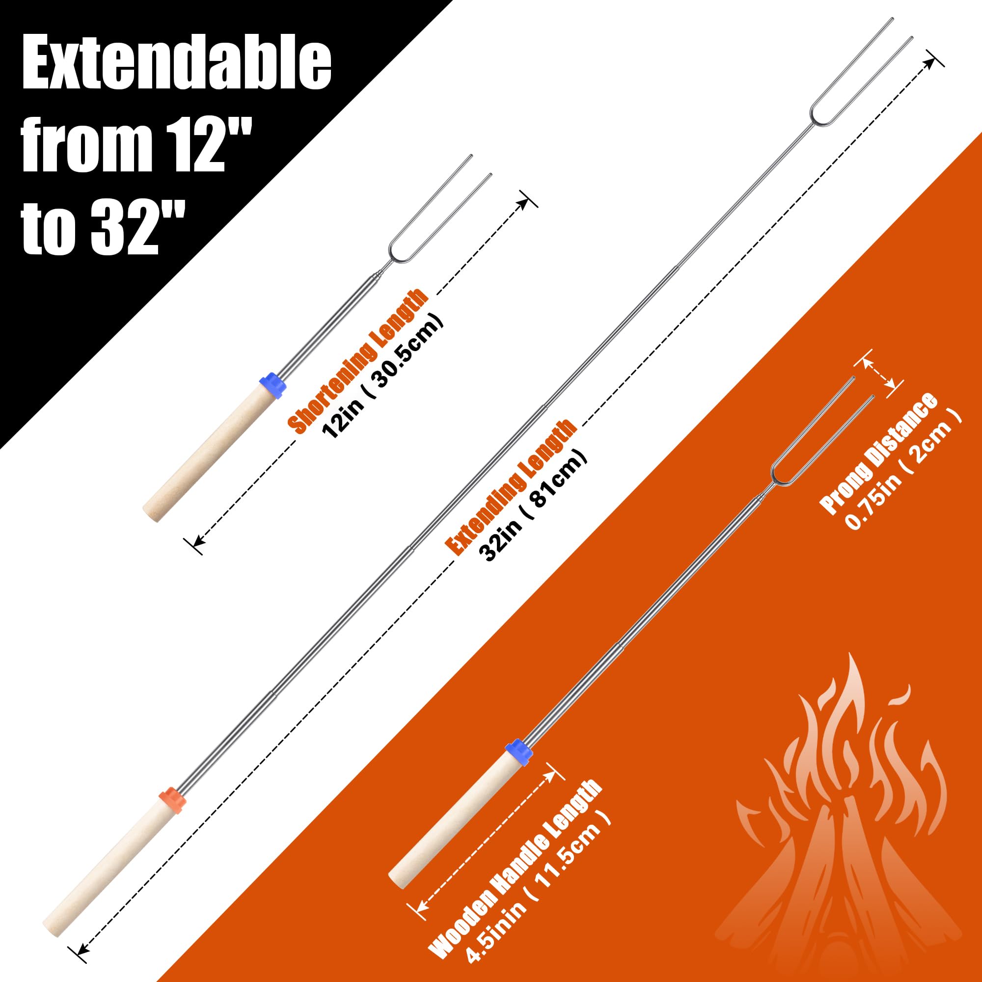 Briout Extendable Stainless Steel Roasting Sticks - Smores Sticks For Fire Pit Long 32 Inch, Smore Skewers Hot Dog Fork Campfire