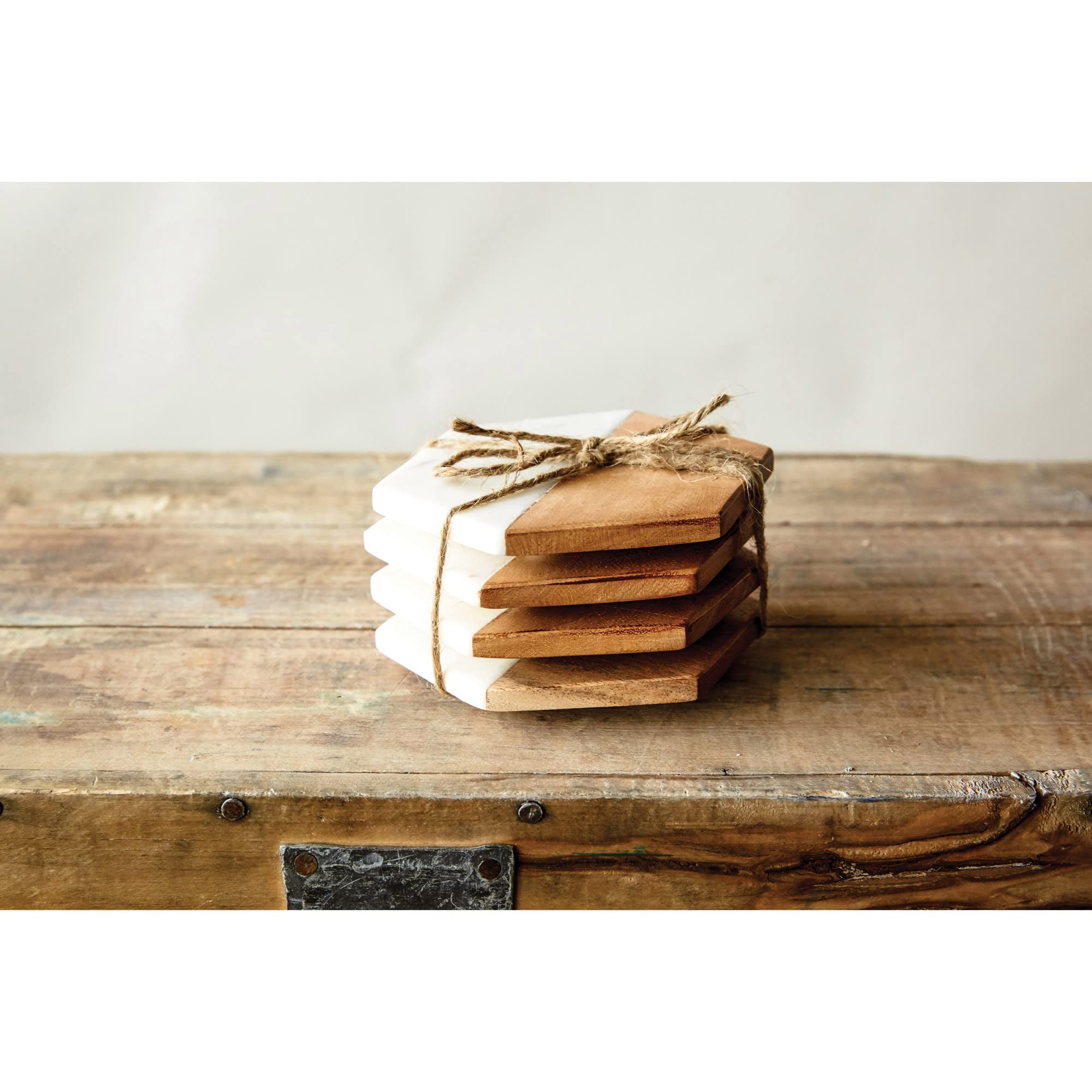 Creative Co-Op Marble And Natural Mango Wood Coasters (Set Of 4), Hexagon, Multicolored