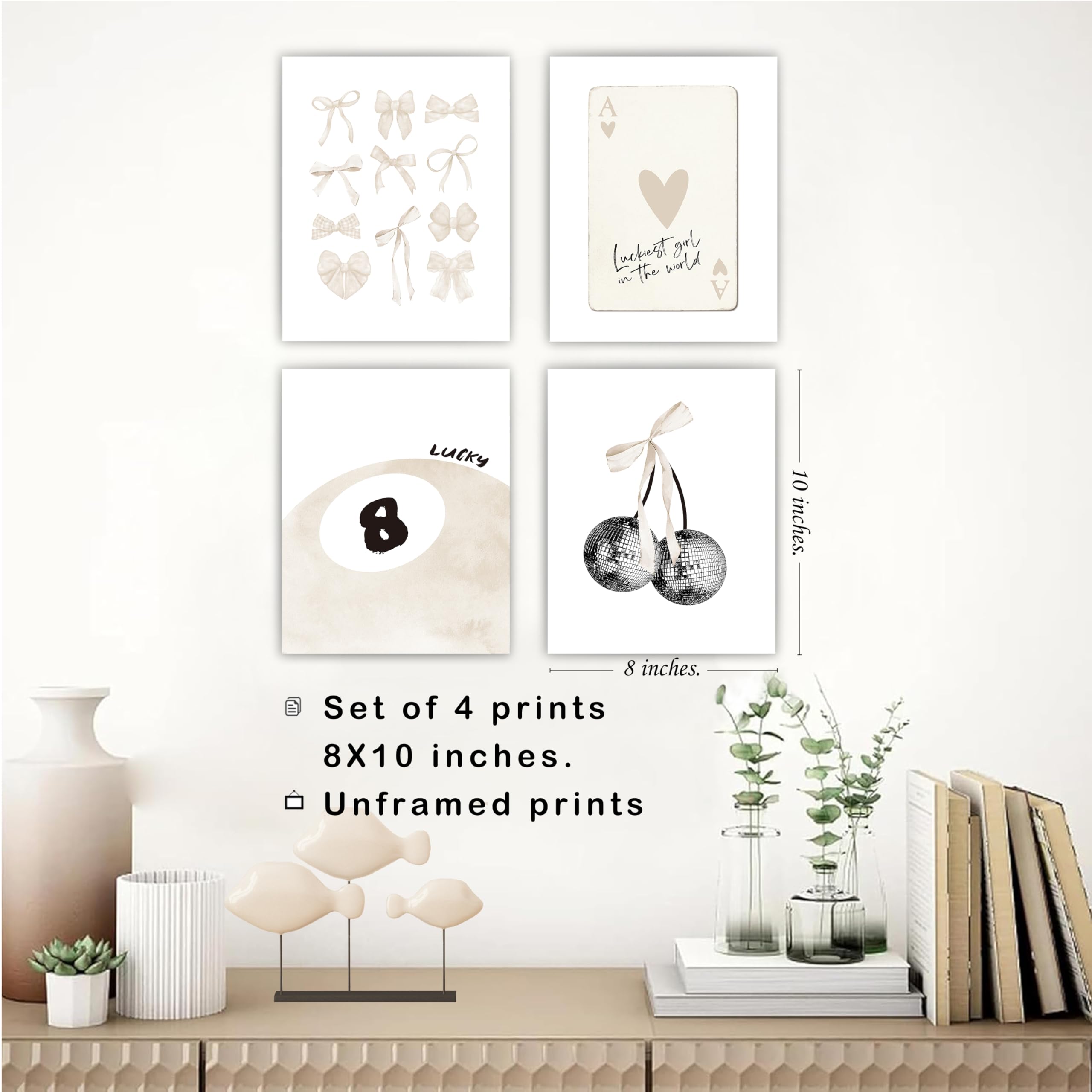 Okaxscm Beige Coquette Trendy Preppy Wall Art Prints Set Of 4, Coquette Room Decor, Preppy Room Decor Aesthetic, Beige Bow Disco