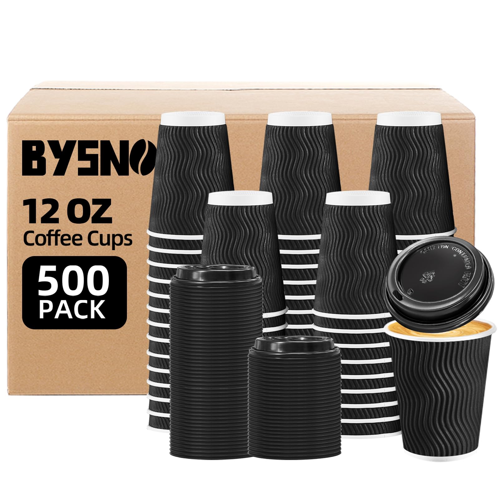 BYSNOW 500 Pack 12 oz Coffee Cups with Lids, Disposable Insulated Hot Cups To Go Paper Coffee Cups, Corrugated Ripple Wall Cup f