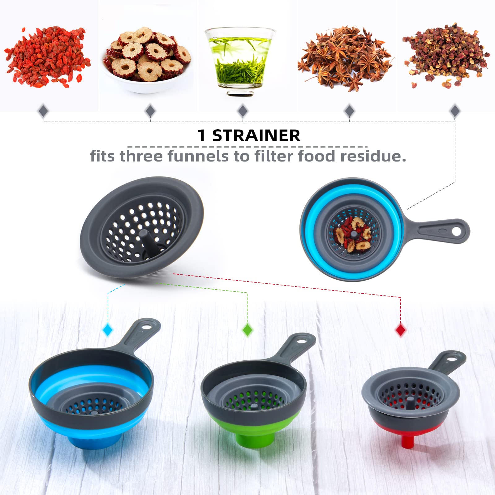 Funnel With Strainer For Kitchen Use, Dokpod Funnels For Filling Bottles, Wide Mouth Canning Funnel, Funnel With Filter, Collaps