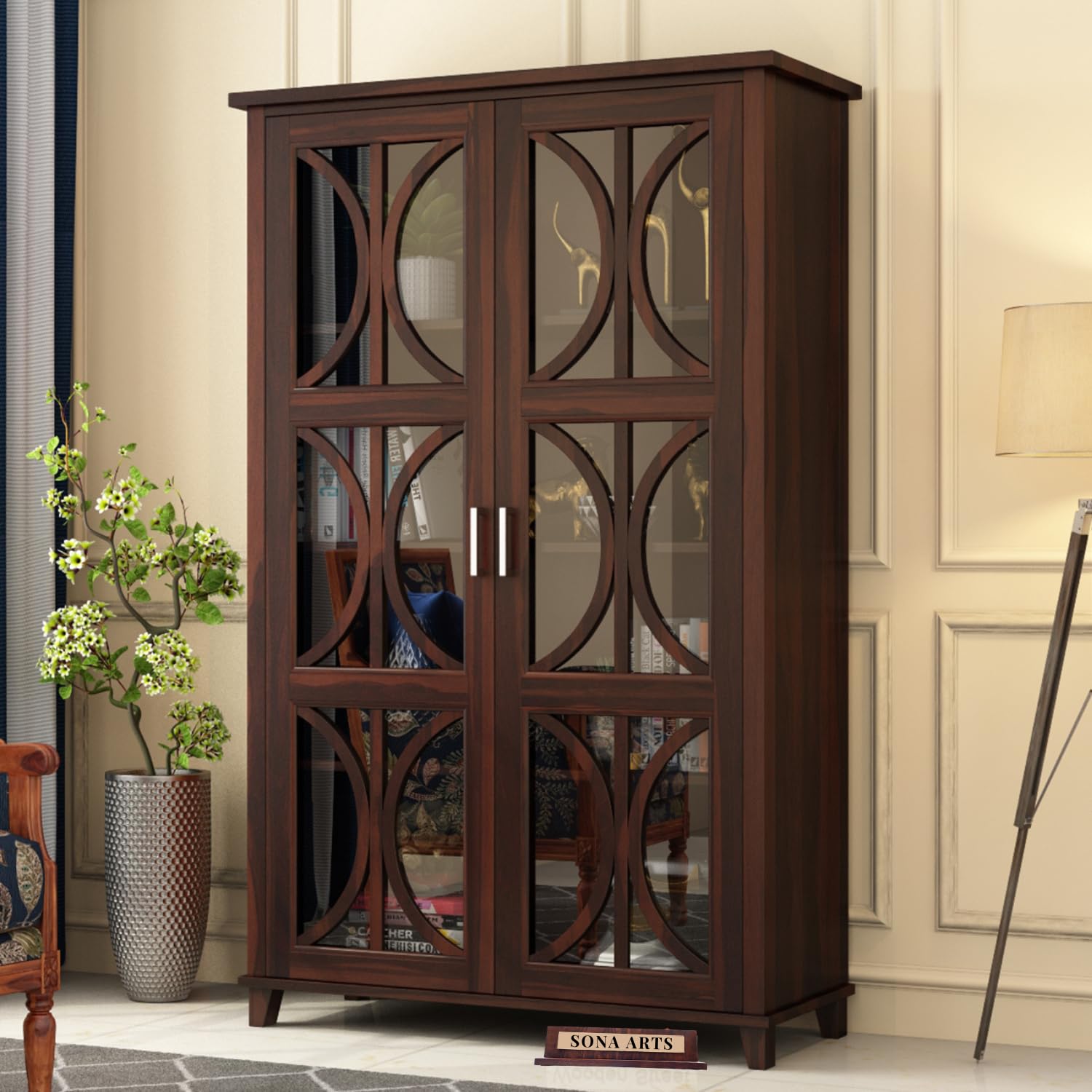 Modern Furniture Sheesham Wooden Crockery Cabinets With Glass Door | Wooden Showcase Almirah | Solid Wood Book Shelf For Home Cr