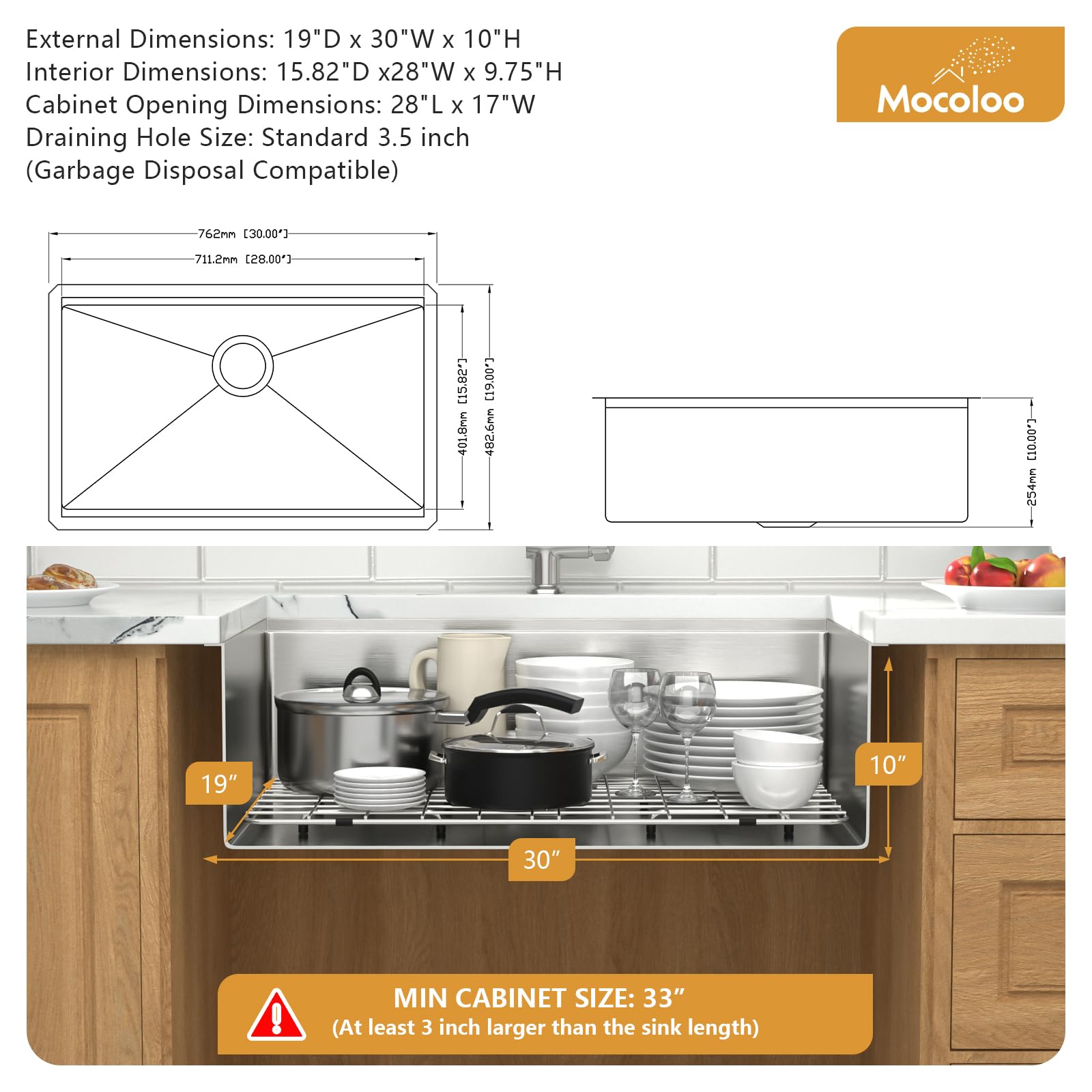 30 Undermount Kitchen Sink - Mocoloo 30X19 Inch Stainless Steel Kitchen Sink Workstation 16 Gauge Single Bowl Handmade Basin, 10