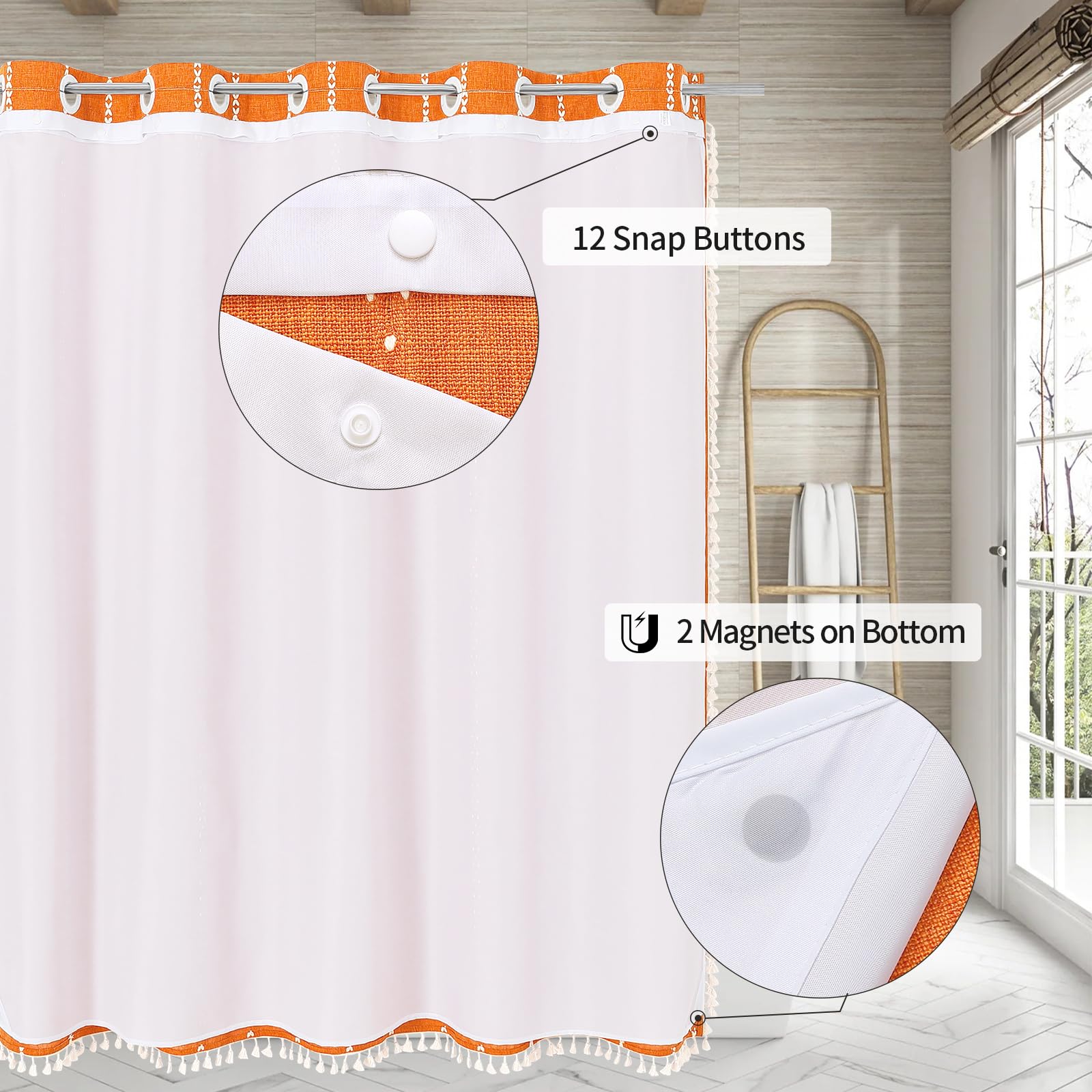 Mitovilla No Hooks Required Orange Boho Shower Curtain With Snap-In Liner, Farmhouse Cotton Linen Fabric Shower Curtains With Ta