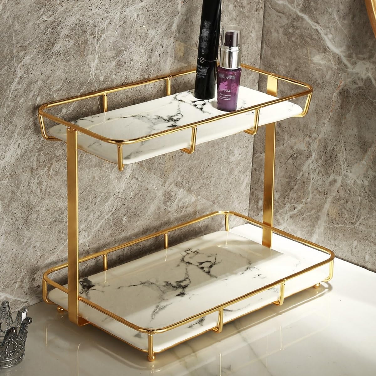Dobbyby Bathroom Organizer Countertop Perfume Organizer Makeup Organizer Cosmetics Storage Display Rack 2 Tier Vanity Tray Dresser Stainless Steel Gold Shelf White Marble Print Ceramic Tray L