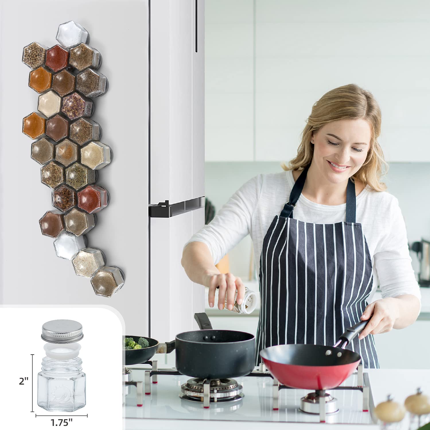 Homazing Set of 24 Magnetic Spice Jars for Refrigerator, Hexagon Glass Magnetic Spice Jars with Shaker Lids and Labels for Kitch