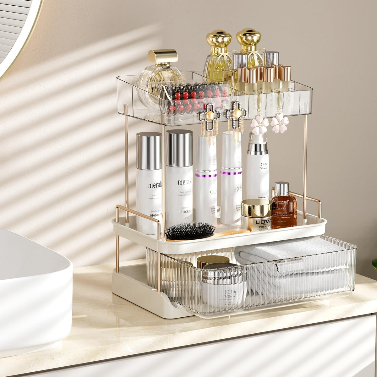 Delamu Bathroom Counter Organizer, 2 Tier Large Drawer Skincare Organizer With Compartment, Multi-Purpose Makeup Organizer Count
