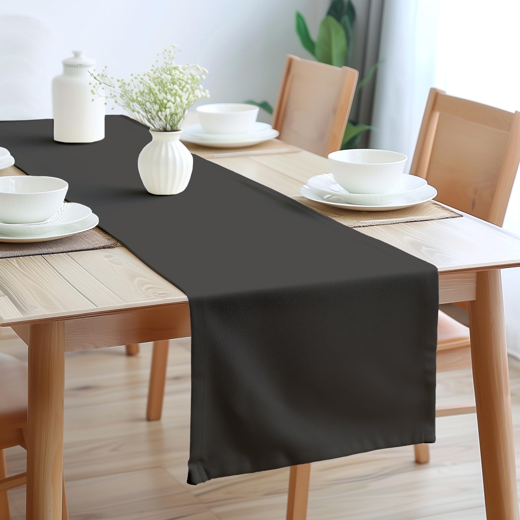 Encasa Table Runner 13X104 In Long | Cotton Canvas Fabric | Charcoal Grey Solid Color | Machine Washable & Durable