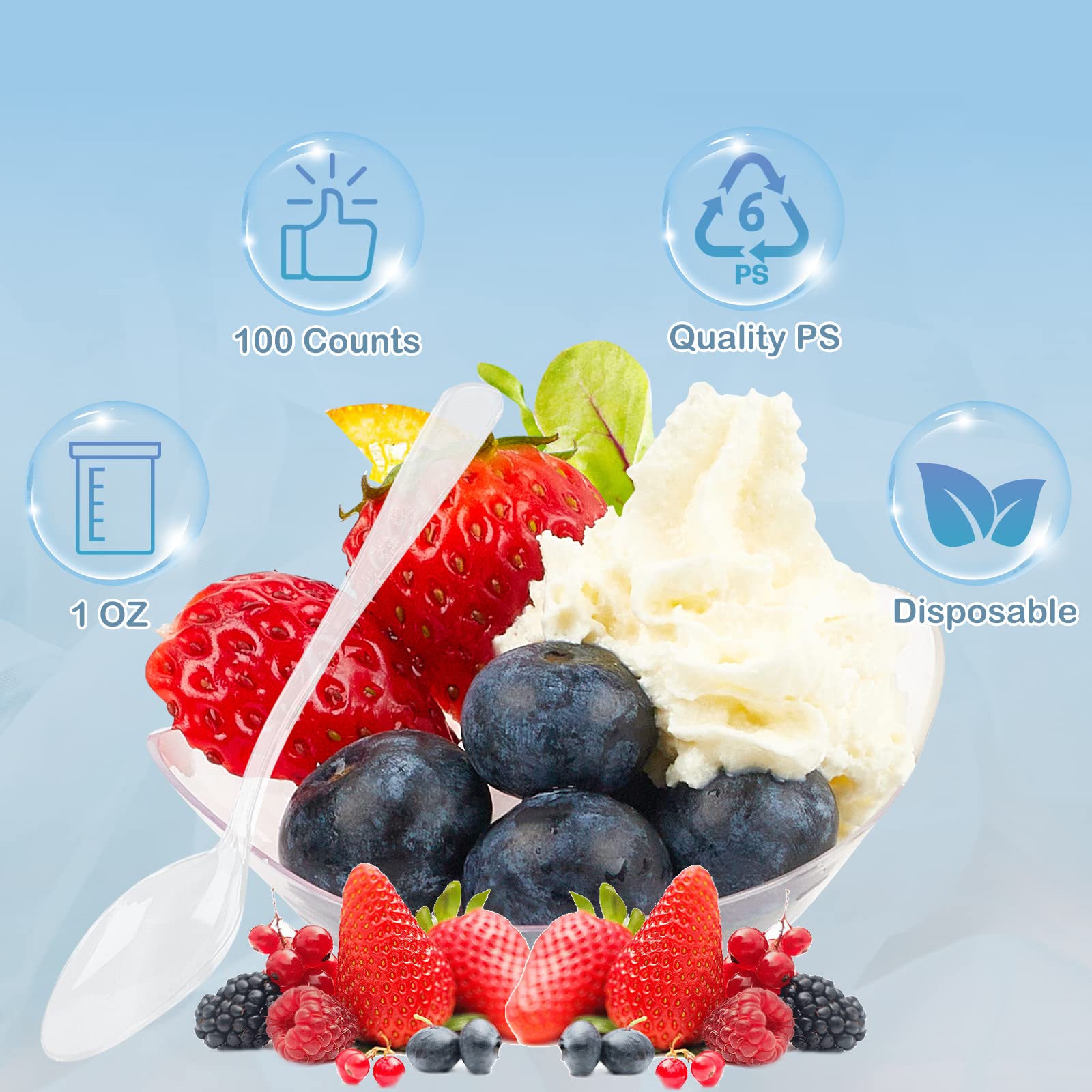 TOFLEN 100ct 1 oz Mini Dessert Plates with Tasting Spoons - Reusable Clear Plastic Party Serving Trays Mini Plates for Appetizers  Chocolates  Ice Cream  Fruit and More