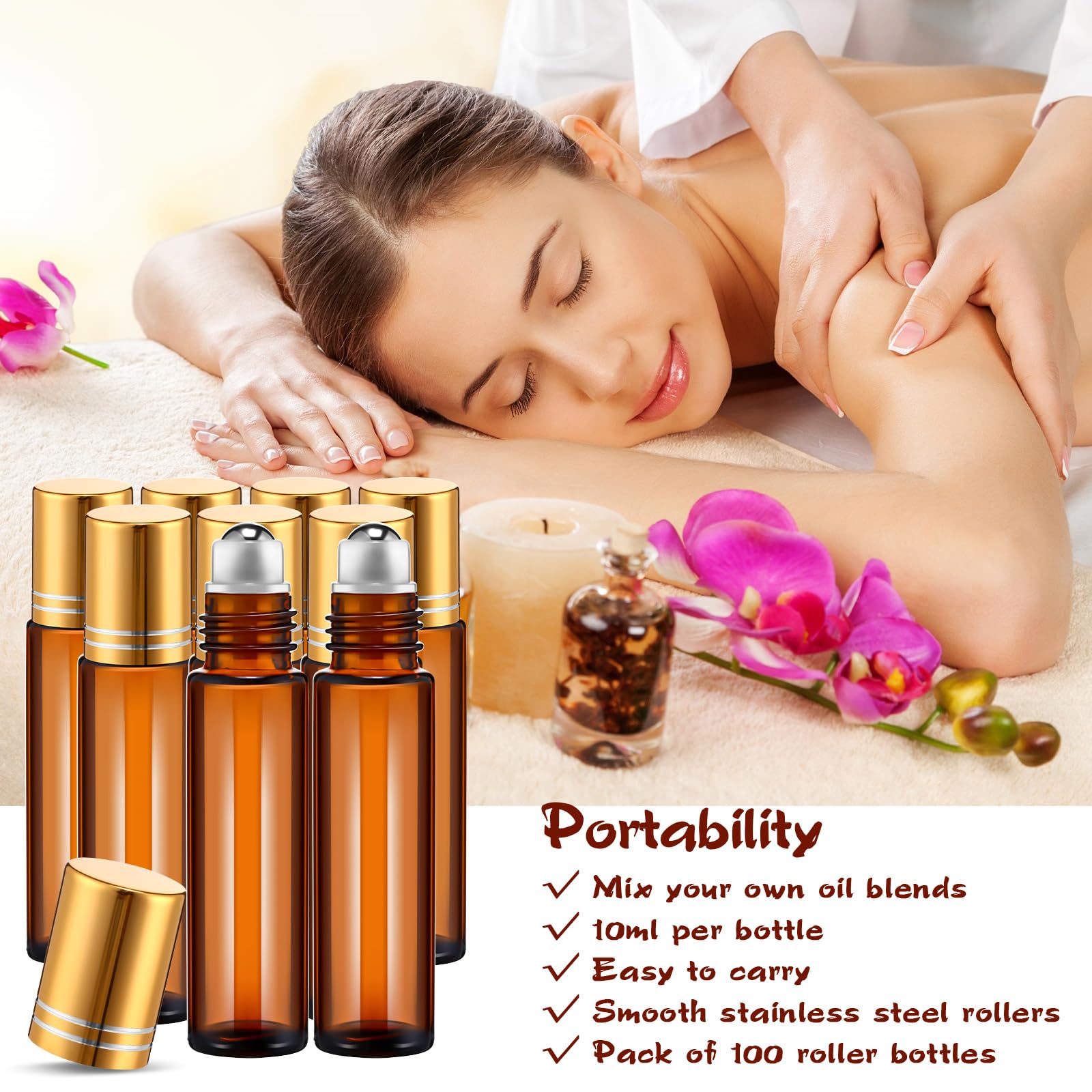 Tanlade 100 Pcs Essential Oil Roller Bottles 10 Ml Amber Roll On Glass Roller Bottles Refillable Leakproof Empty Rollerball Bott