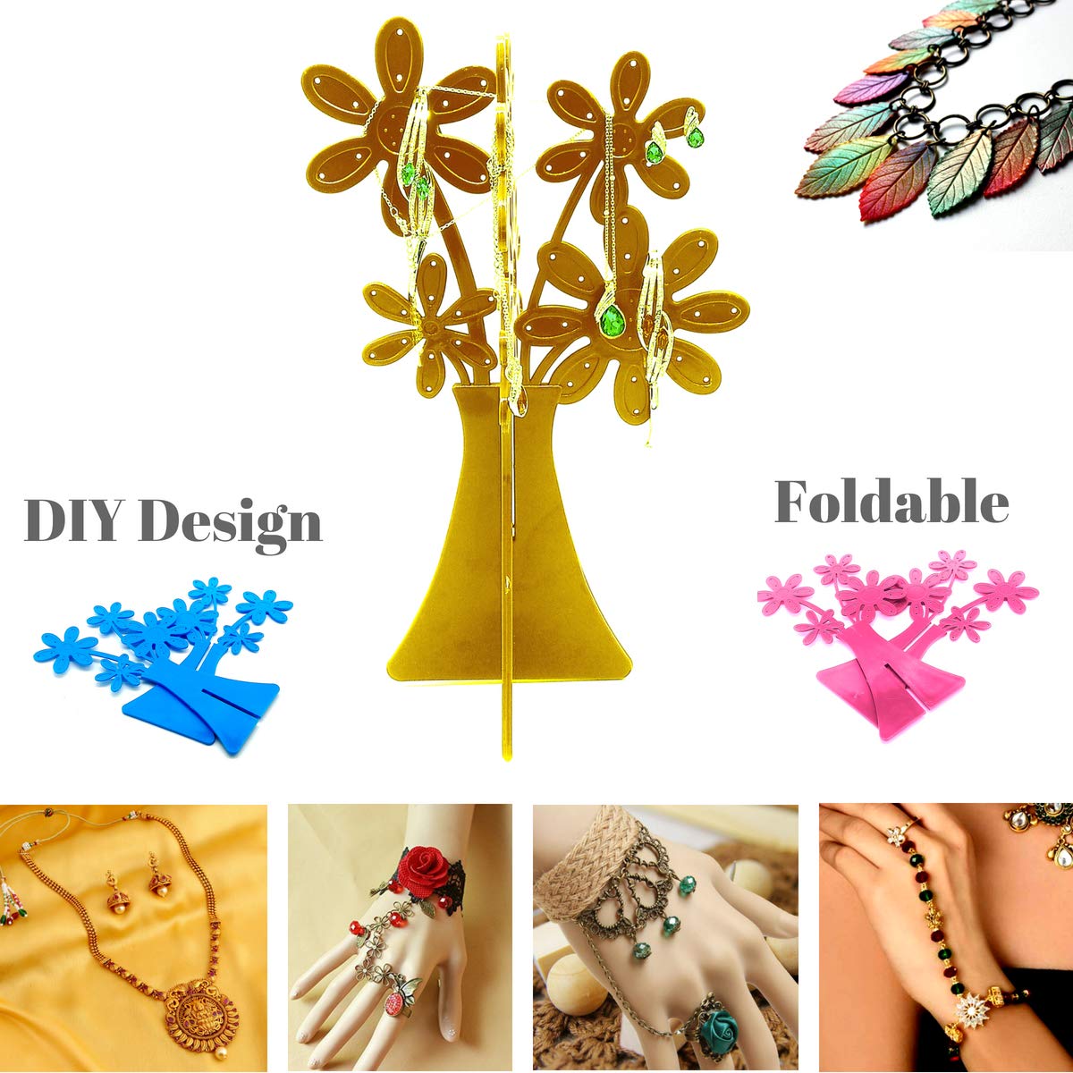 Connectwide Plastic Sun Flower Necklace Stud Earring Holder Organizer Display Rack Tower Stand Tree With Base Tray Jewelry For W