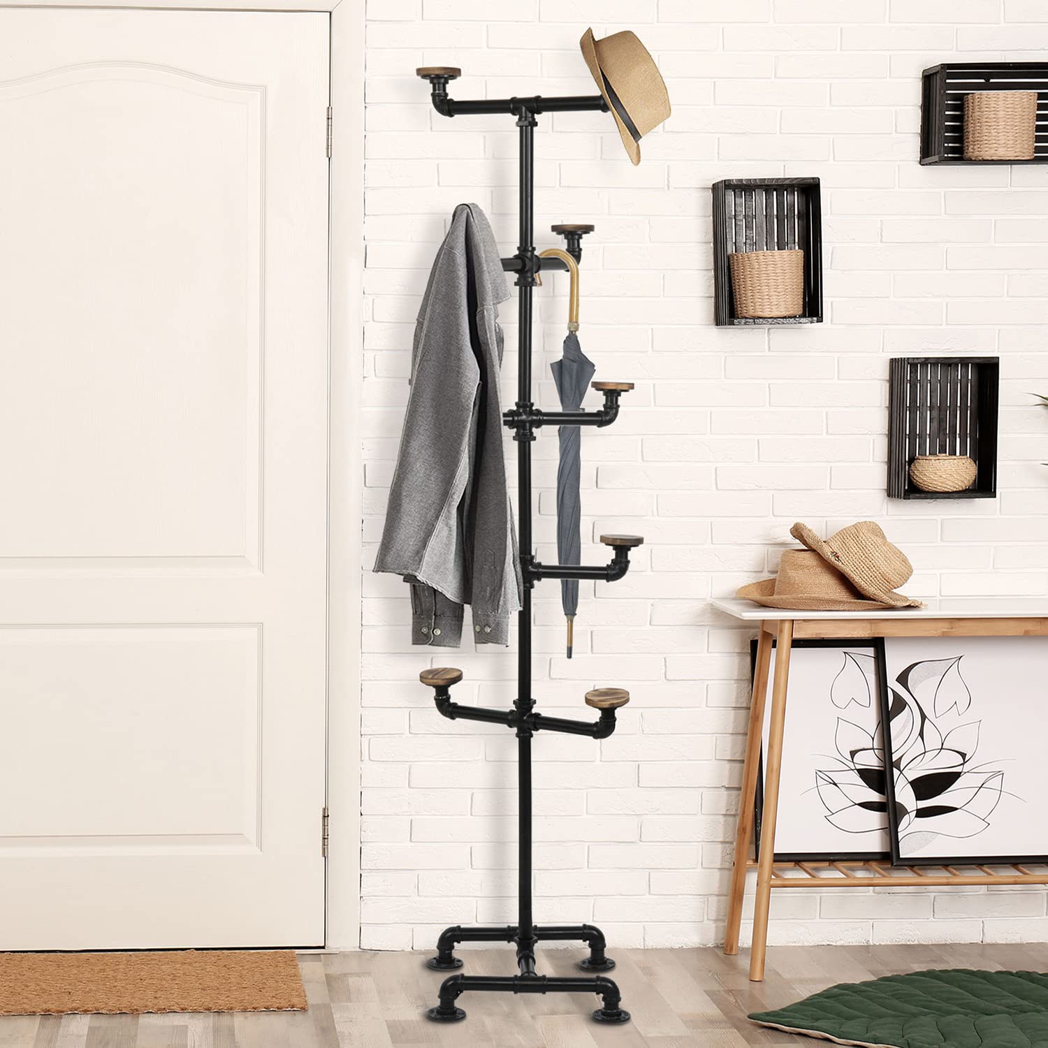 Mygift Industrial Black Metal Pipe Rack With 10 Round Rustic Burnt Wood Hat Hangers, Decorative Pipework Stand With Hooks For Ha