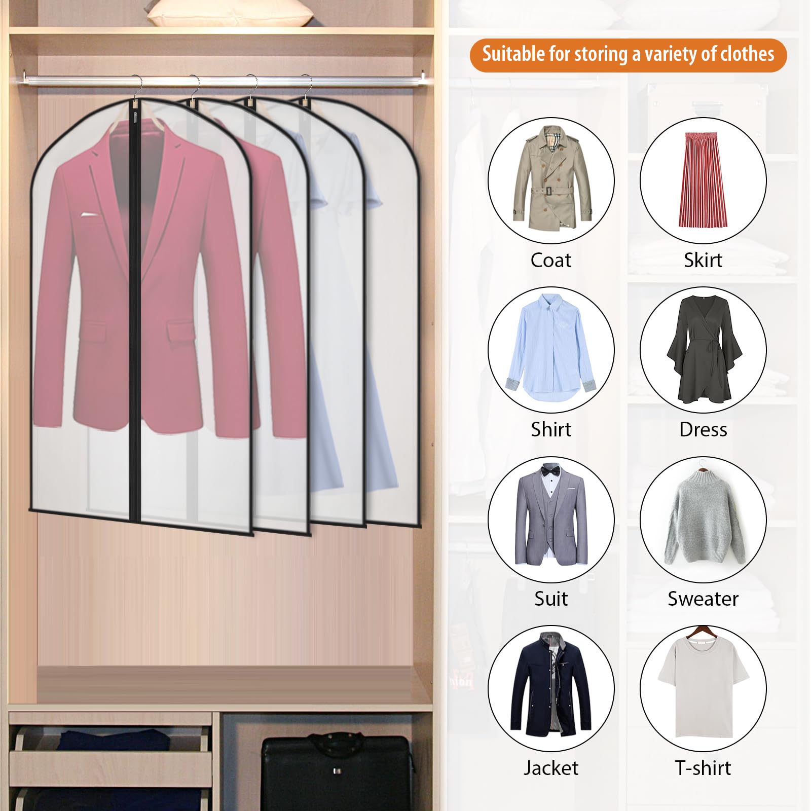 Kntiwiwo Garment Bags Clear Suit Bag For Closet Storage (40''12Pcs-Black Edges)