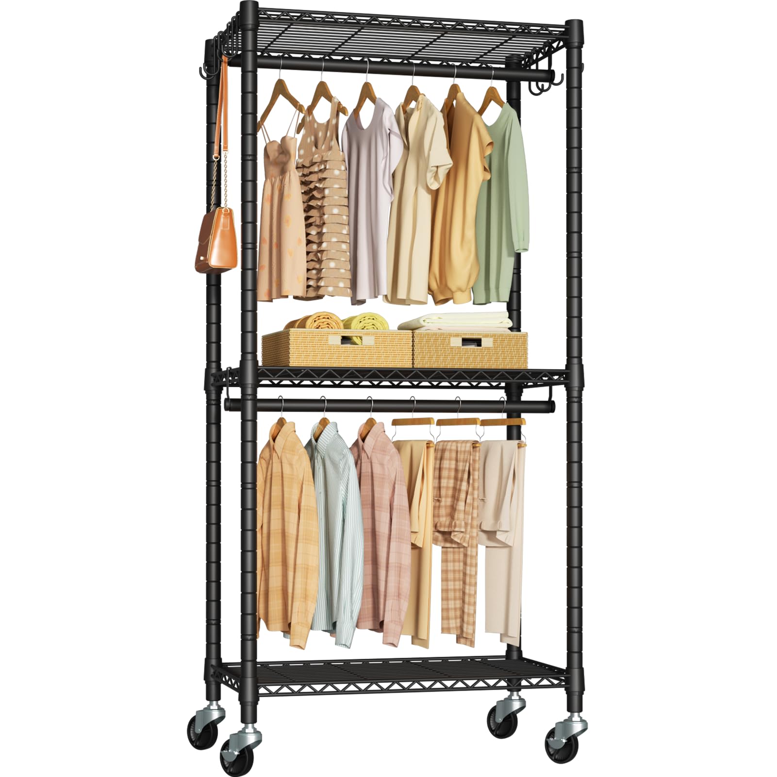 Futassi P3 Mini Rolling Clothes Rack, Clothing Racks For Hanging Clothes, Heavy Duty Garment Rack With Wheels, Freestanding Port
