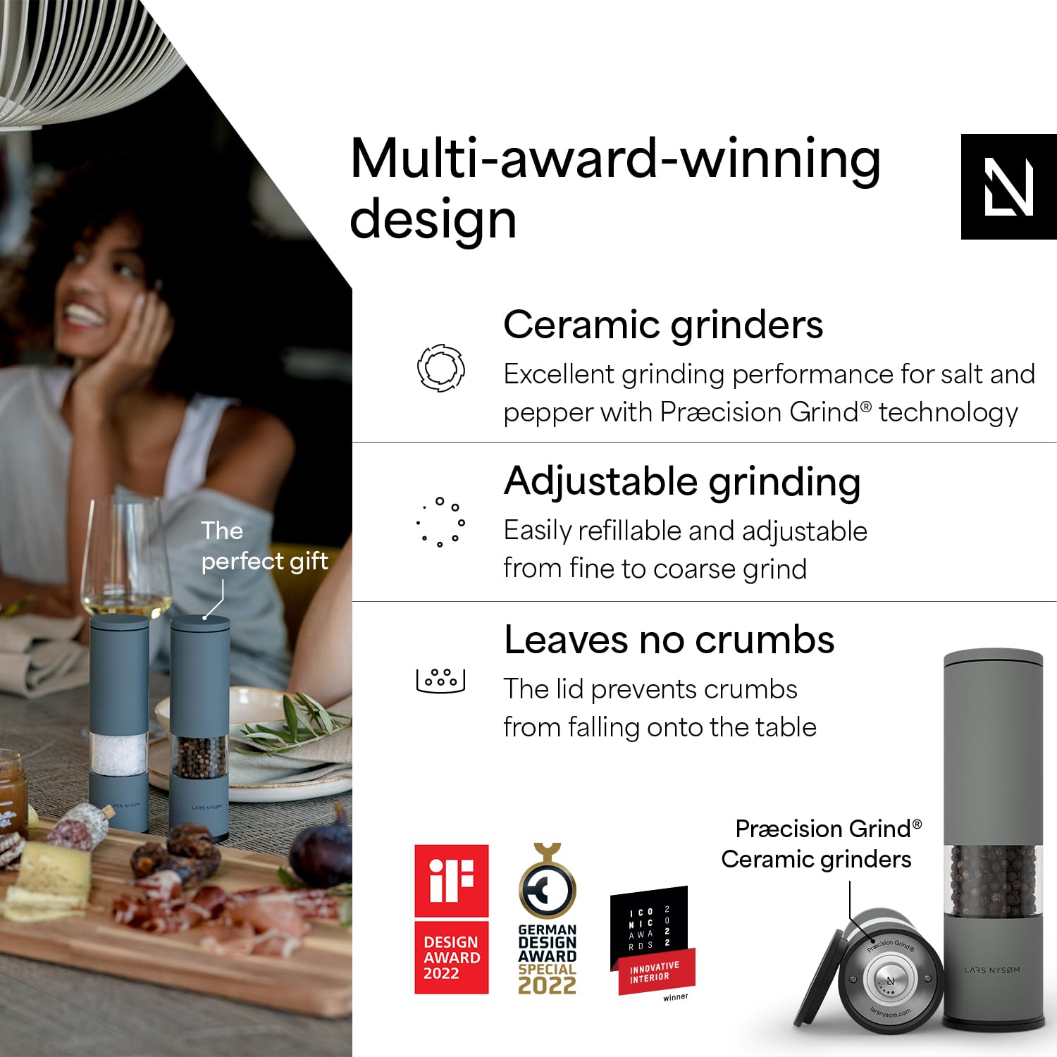 LARS NYSAM Salt and Pepper Mills Set Stainless Steel with Adjustable ceramic grinder 2 pieces I Design Spice Mills Set Manual (cool grey)