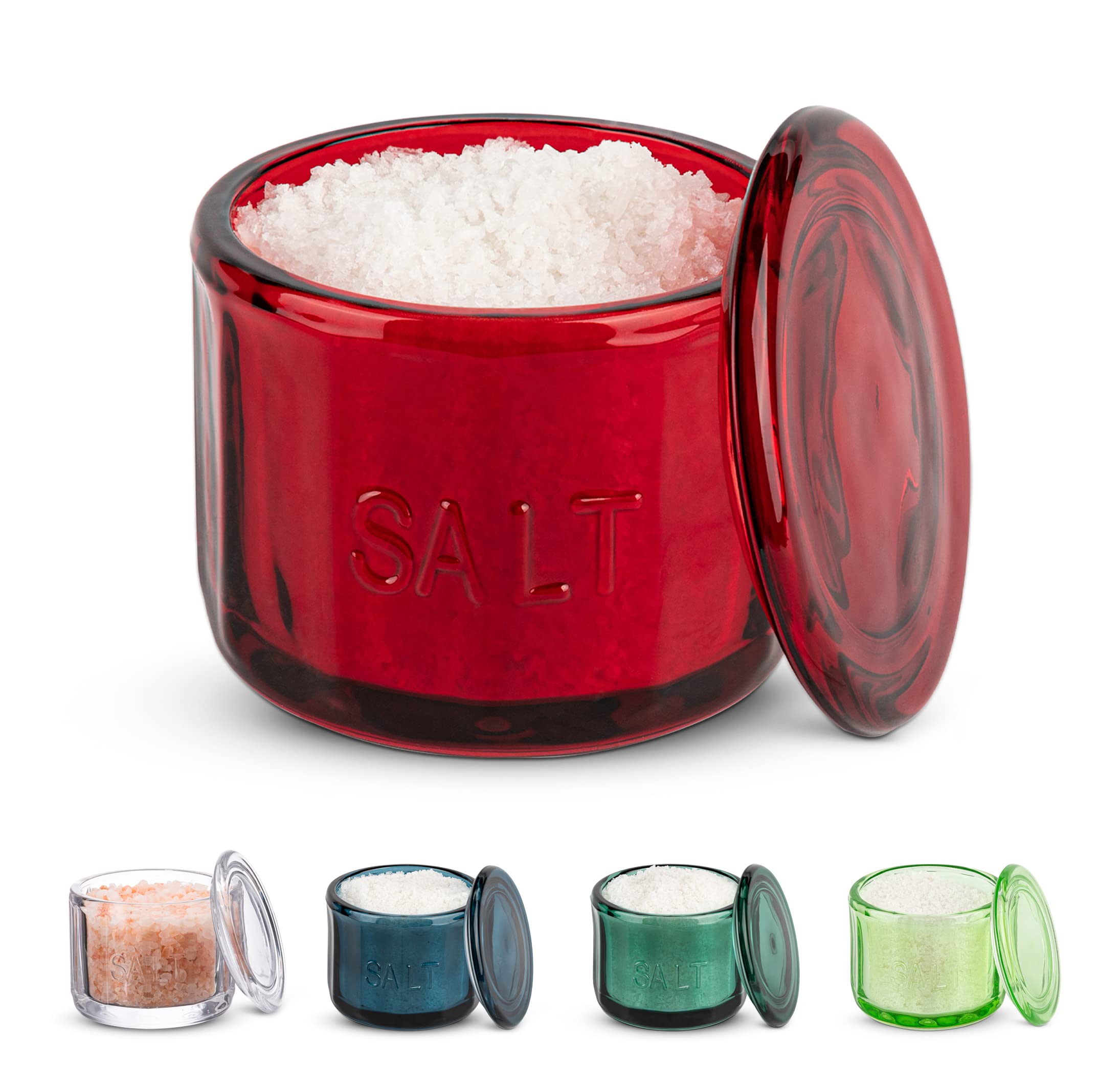 Kook Salt Cellar & Jar, Round Salt Container, Pressed Clear Glass, With Clear Lid, Embossed, 10 Oz (Ruby)