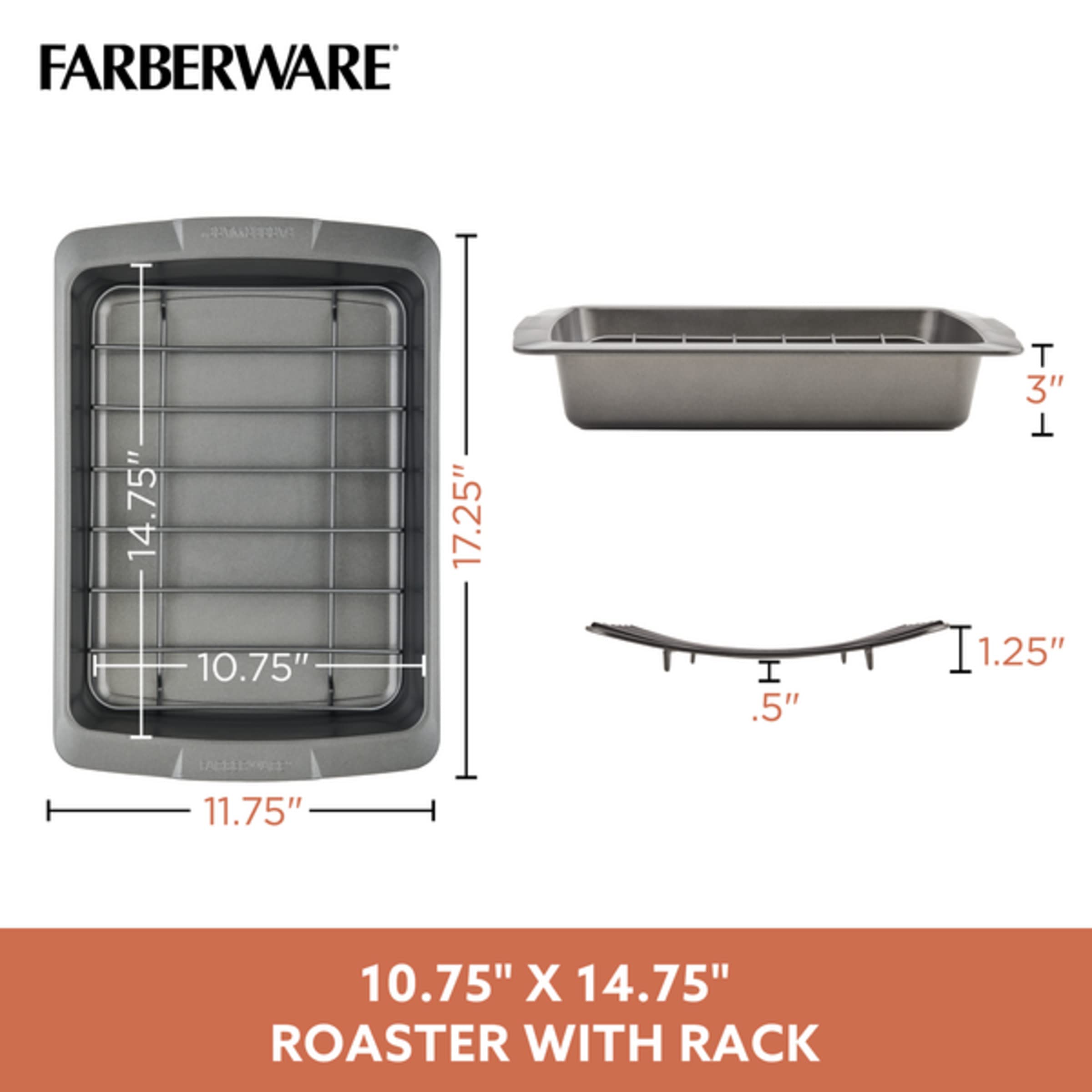 Farberware Bakeware Nonstick Roasting Pan/Roaster With U-Rack, 14.75 Inch X 10.75 Inch - Gray