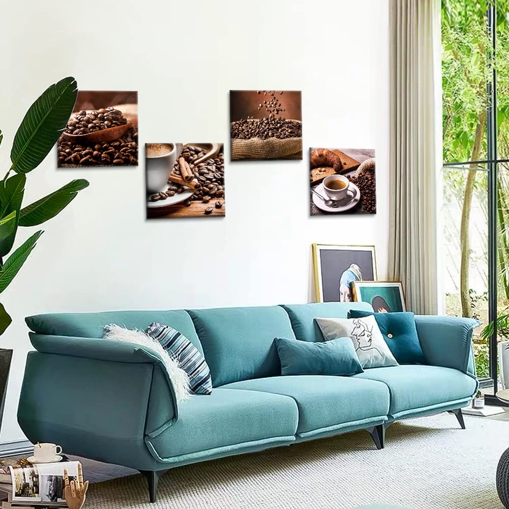 Otostar 4 Pieces Wall Art Canvas Prints - Coffee Beans And Coffee Picture Painting - Modern Wall Artwork Framed For Gifts Bathro